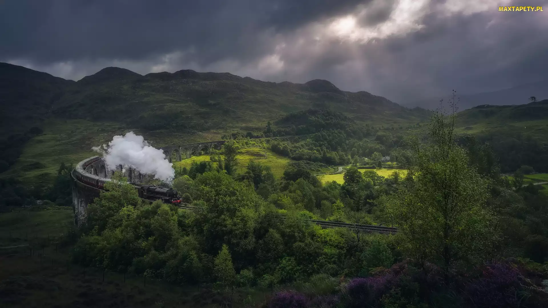 Wiadukt Glenfinnan, Drzewa, Miejscowość Glenfinnan, Pociąg parowy, Dolina, Szkocja, Góry