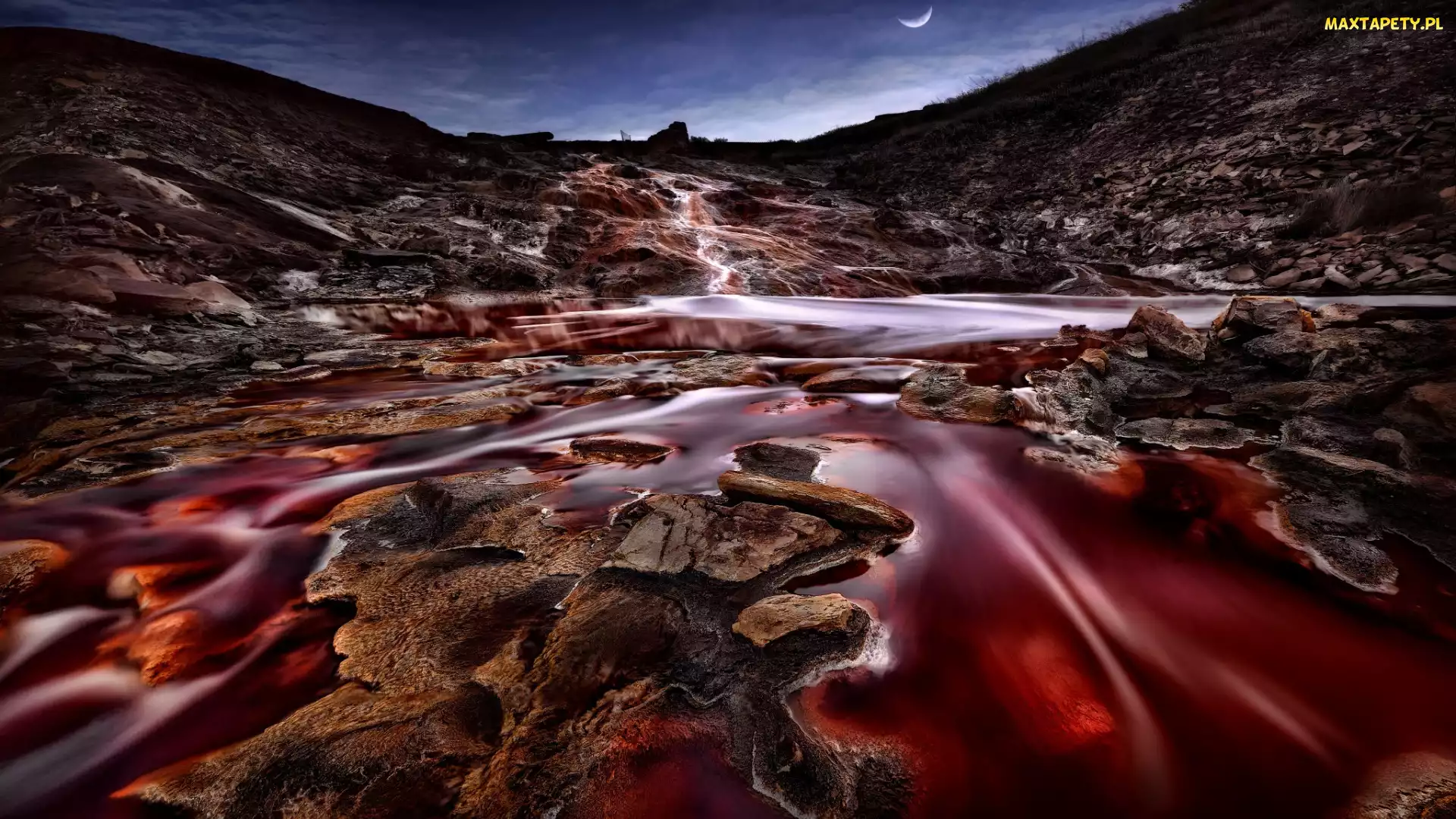 Prowincja Huelva, Strumień, Rzeka Tinto, Hiszpania, Księżyc, Noc, Skały