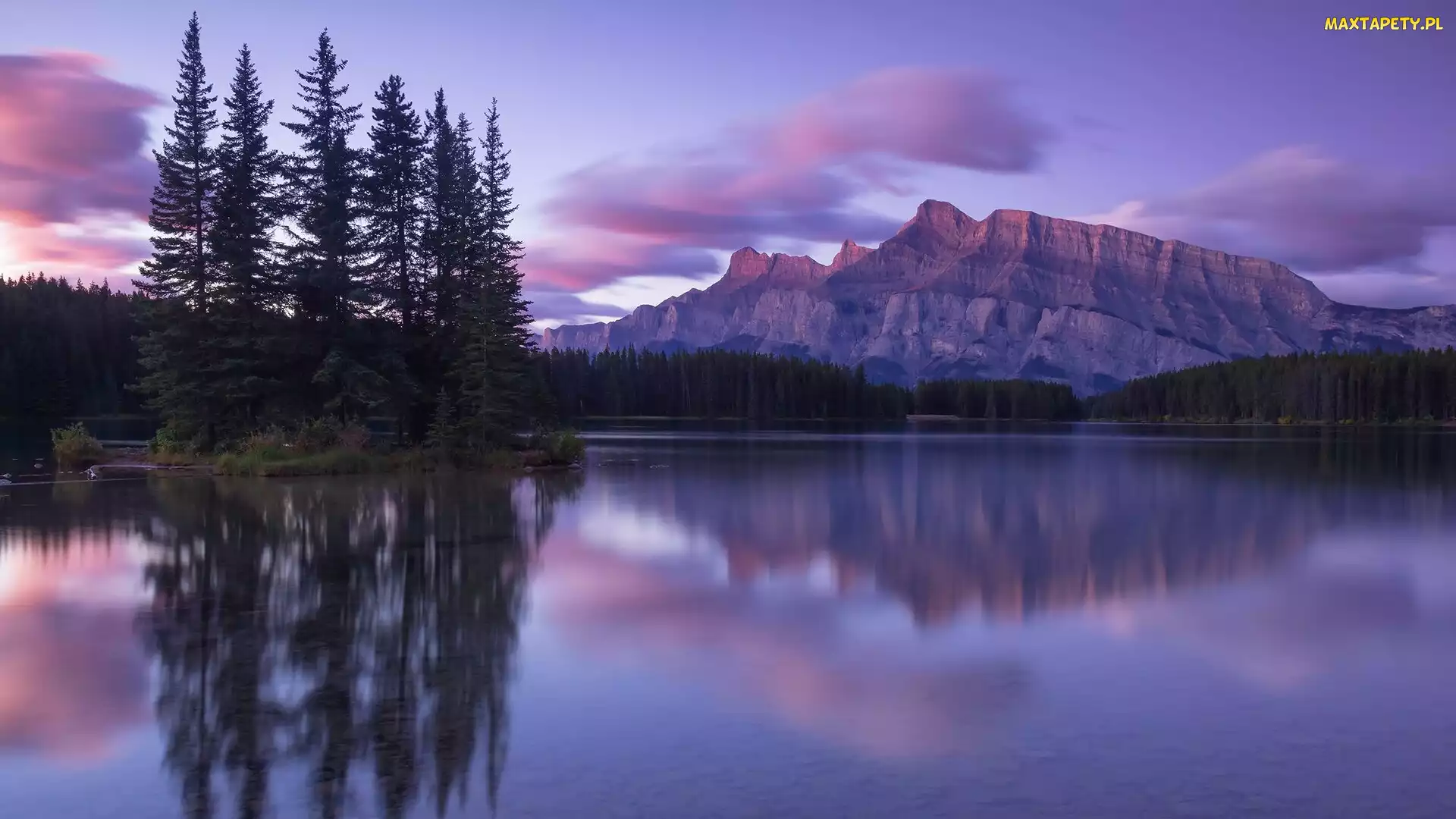 Jezioro, Alberta, Drzewa, Kanada, Odbicie, Park Narodowy Banff, Two Jack Lake, Góry Skaliste, Góra Mount Rundle