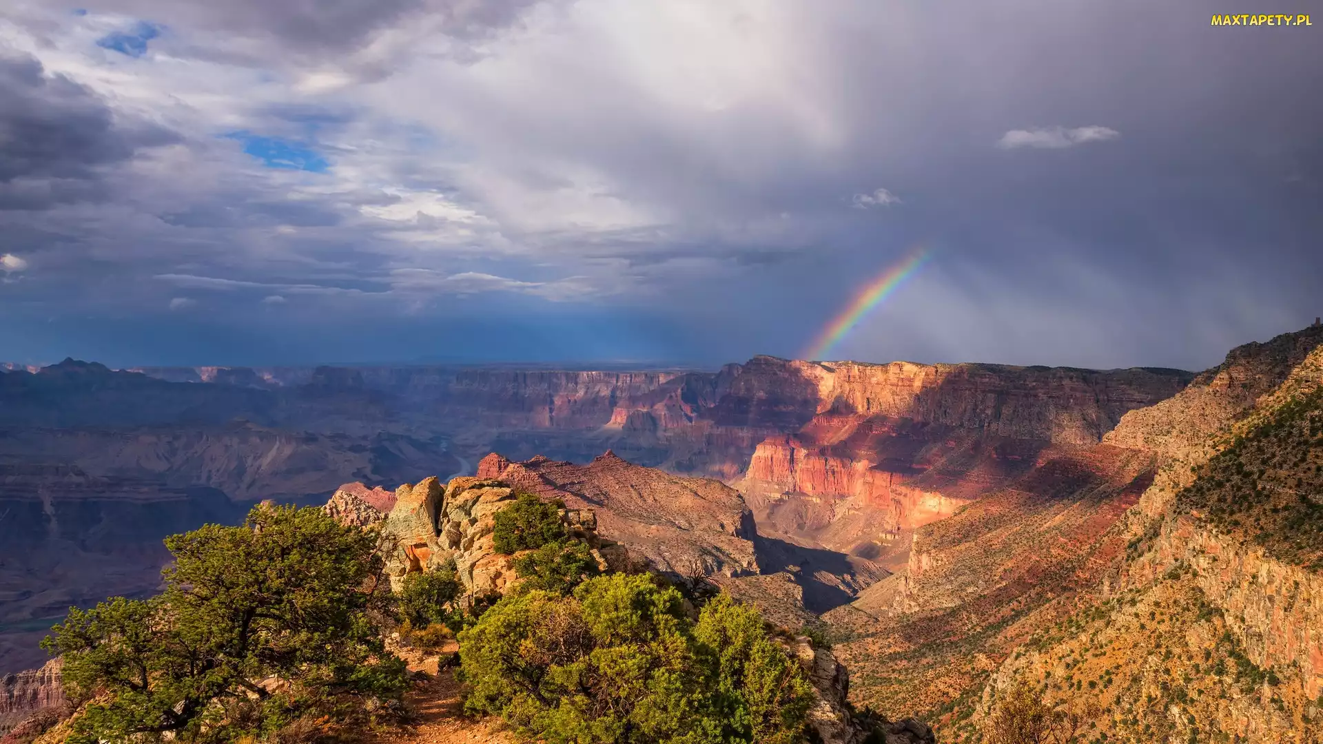 Stany Zjednoczone, Drzewa, Tęcza, Arizona, Grand Canyon, Wielki Kanion Kolorado, Park Narodowy Wielkiego Kanionu, Skały, Kanion, Chmury