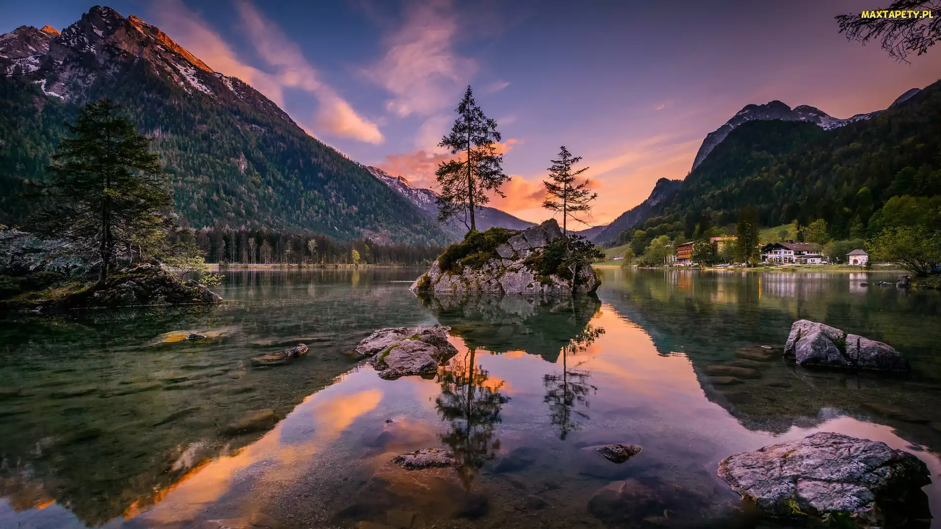 Góry, Bawaria, Drzewa, Niemcy, Gmina Berchtesgadener, Domy, Jezioro Hintersee, Skały, Zachód słońca