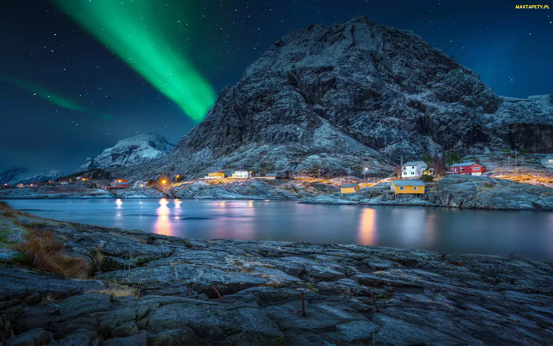 Harstad, Zorza polarna, Góry, Norwegia, Gwiazdy, Domy, Noc