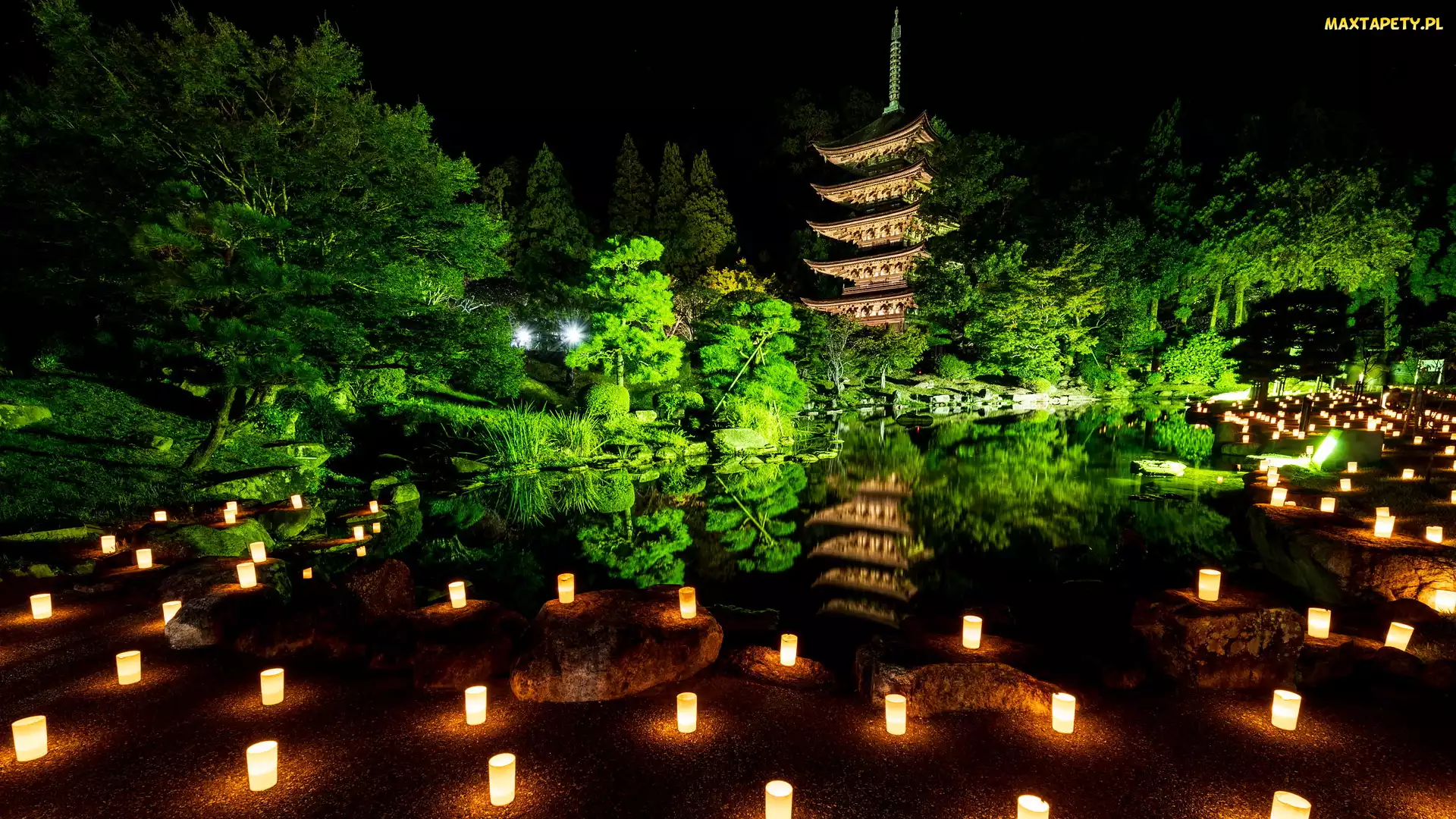 Drzewa, Pagoda, Park Kozan, Lampiony, Yamaguchi, Staw, Japonia, Świątynia Rurikoji