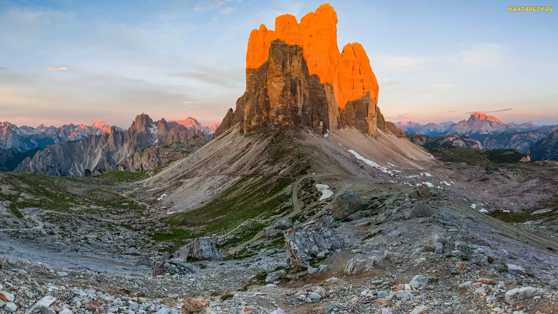 Włochy, Tre Cime di Lavaredo, Dolomity, Góry, Rozświetlony, Masyw