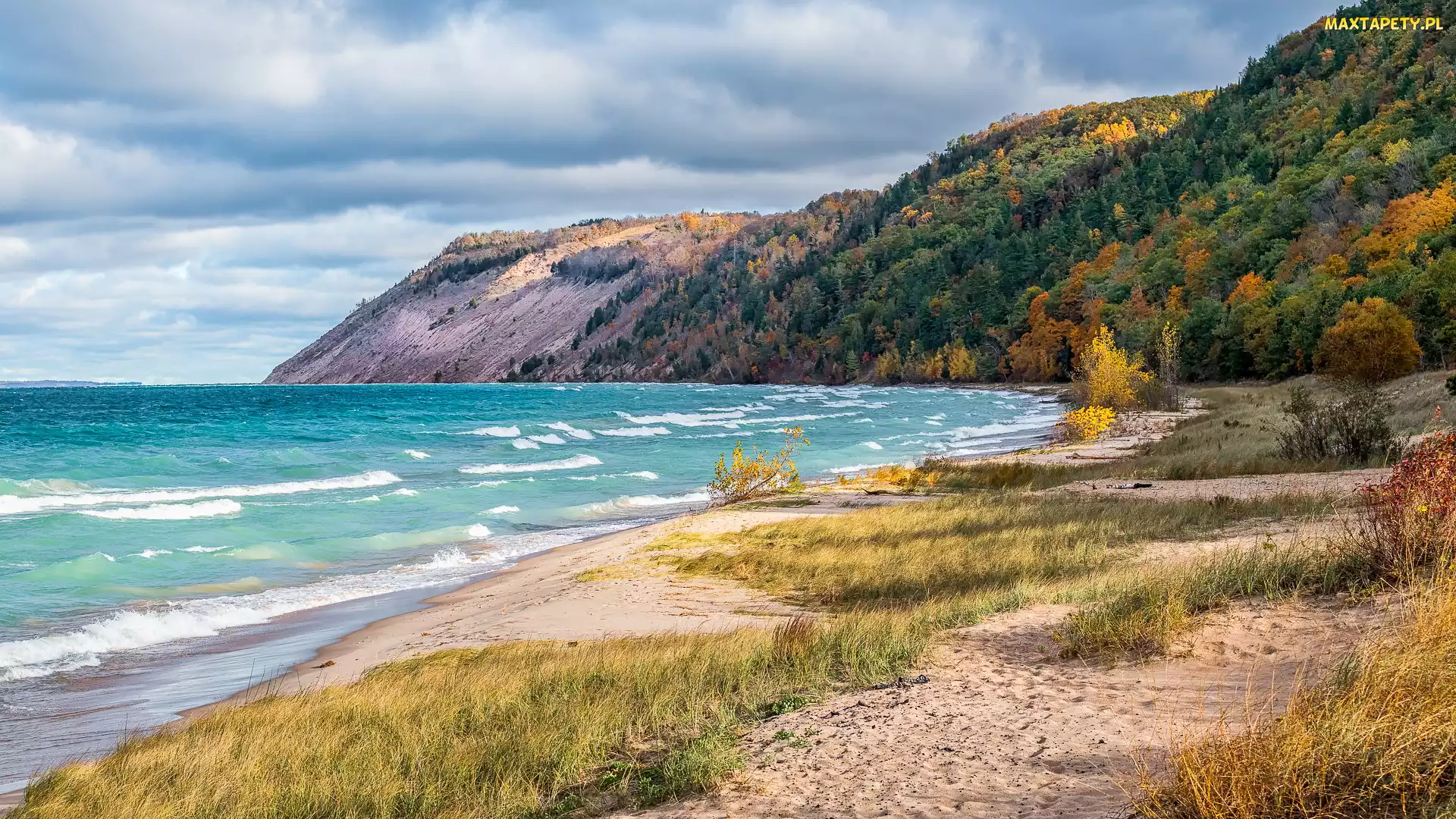 Esch Beach, Jezioro, Plaża, Góry, Stan Michigan, Trawy, Stany Zjednoczone, Lake Michigan