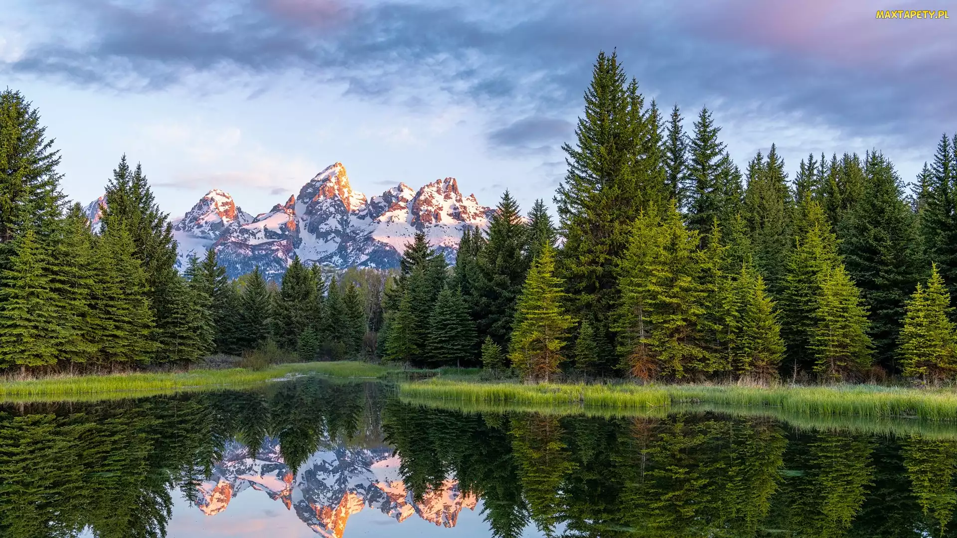 Park Narodowy Grand Teton, Stan Wyoming, Chmury, Stany Zjednoczone, Odbicie, Snake River, Góry Skaliste, Drzewa, Rzeka