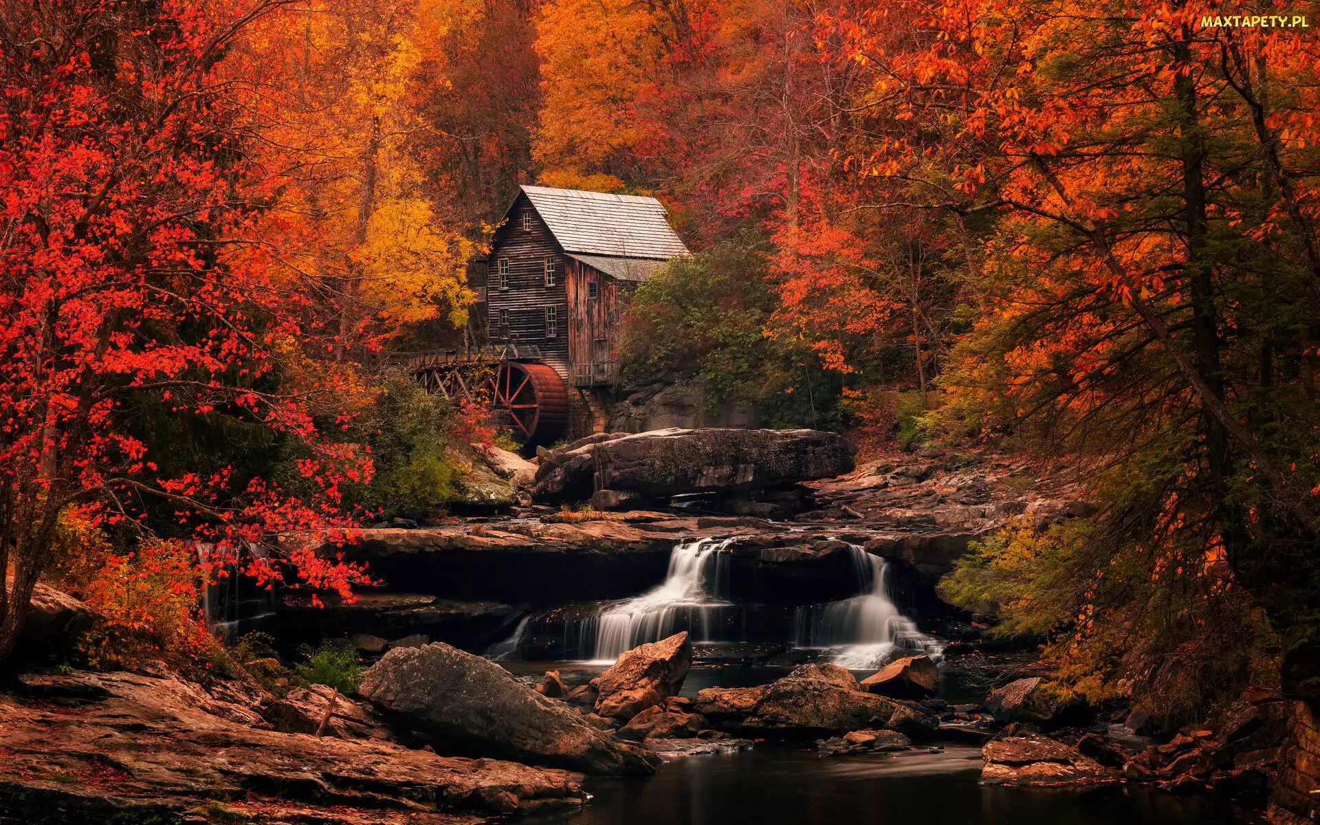 New River Gorge, Skały, Jesień, Drzewa, Park Babcock State, Stany Zjednoczone, Młyn, Wirginia Zachodnia, Rzeka, Glade Creek Grist Mill, Las