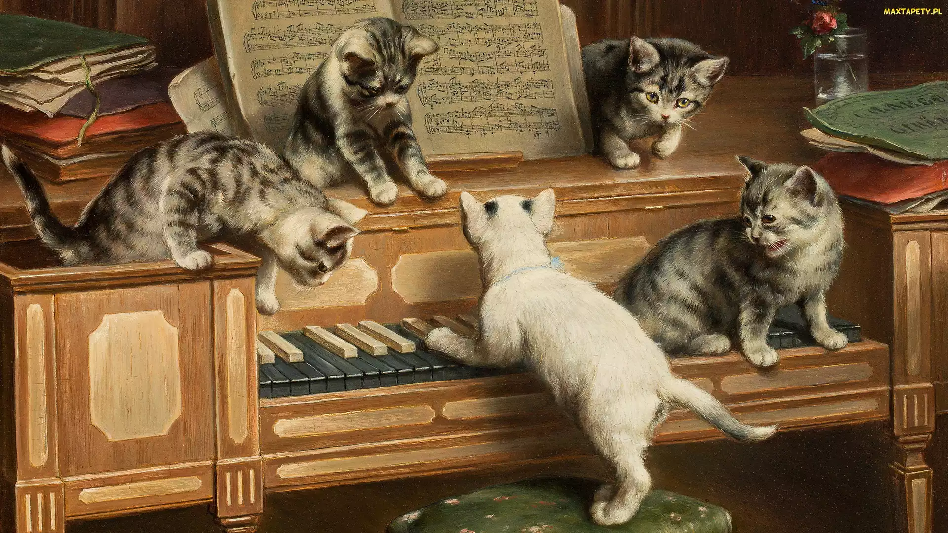 Obraz, Pianino, Koty, Carl Reichert, Malarstwo