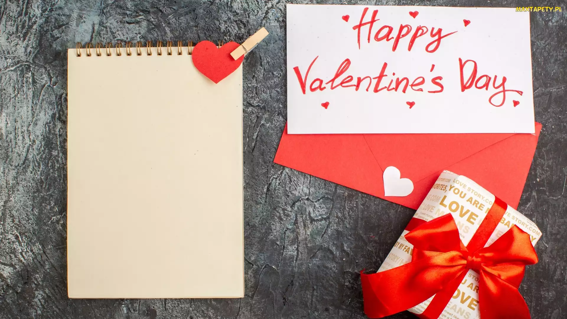 Walentynki, Happy Valentines Day, Prezent, Notes, Kartka, Napis