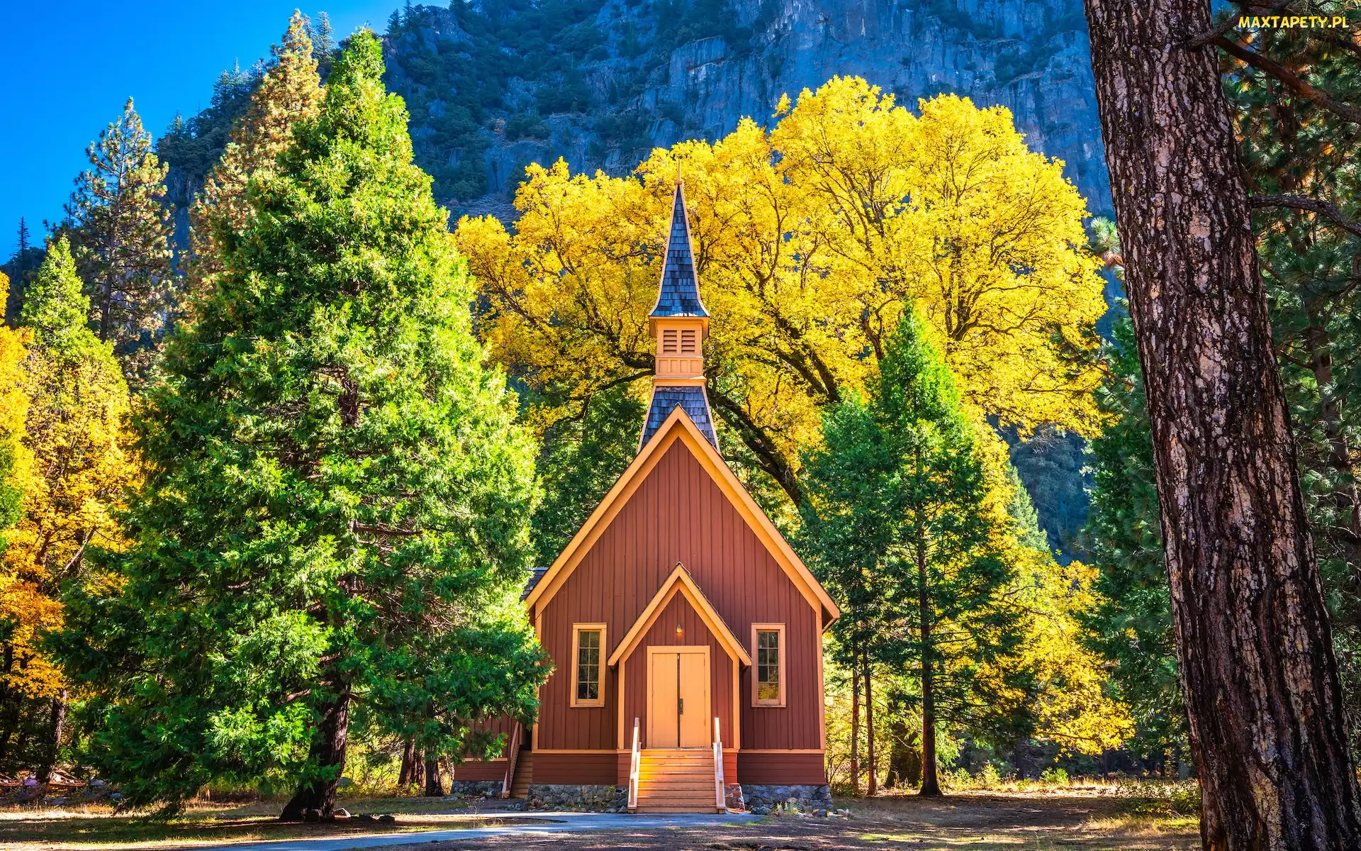 Drzewa, Kościół, Kalifornia, Jesień, Kaplica, Stany Zjednoczone, Park Narodowy Yosemite