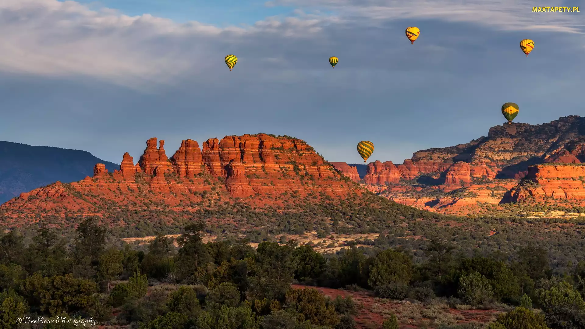 Arizona, Sedona, Góry, Stany Zjednoczone, Balony, Skały, Drzewa