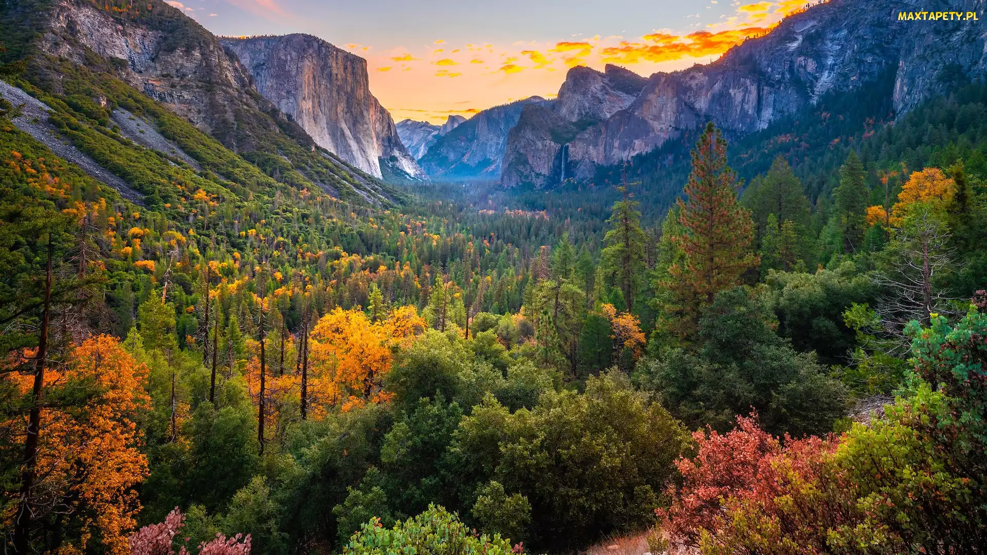 Jesień, Dolina, Kalifornia, Drzewa, Góry, Stany Zjednoczone, Park Narodowy Yosemite