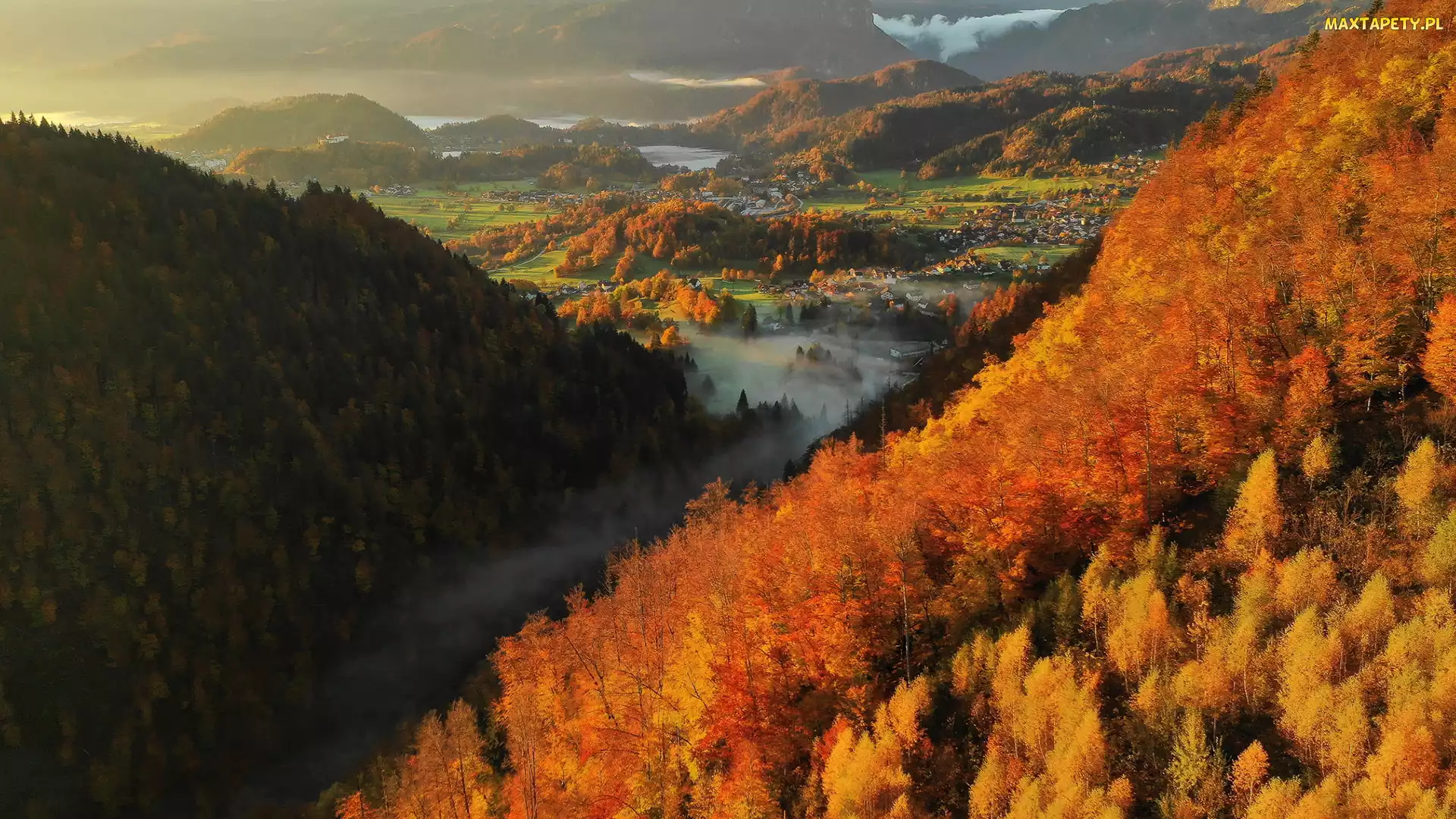 Jesień, Mgła, Wąwóz Vintgar, Słowenia, Lasy, Gorje, Góry, Miasteczka, Bled