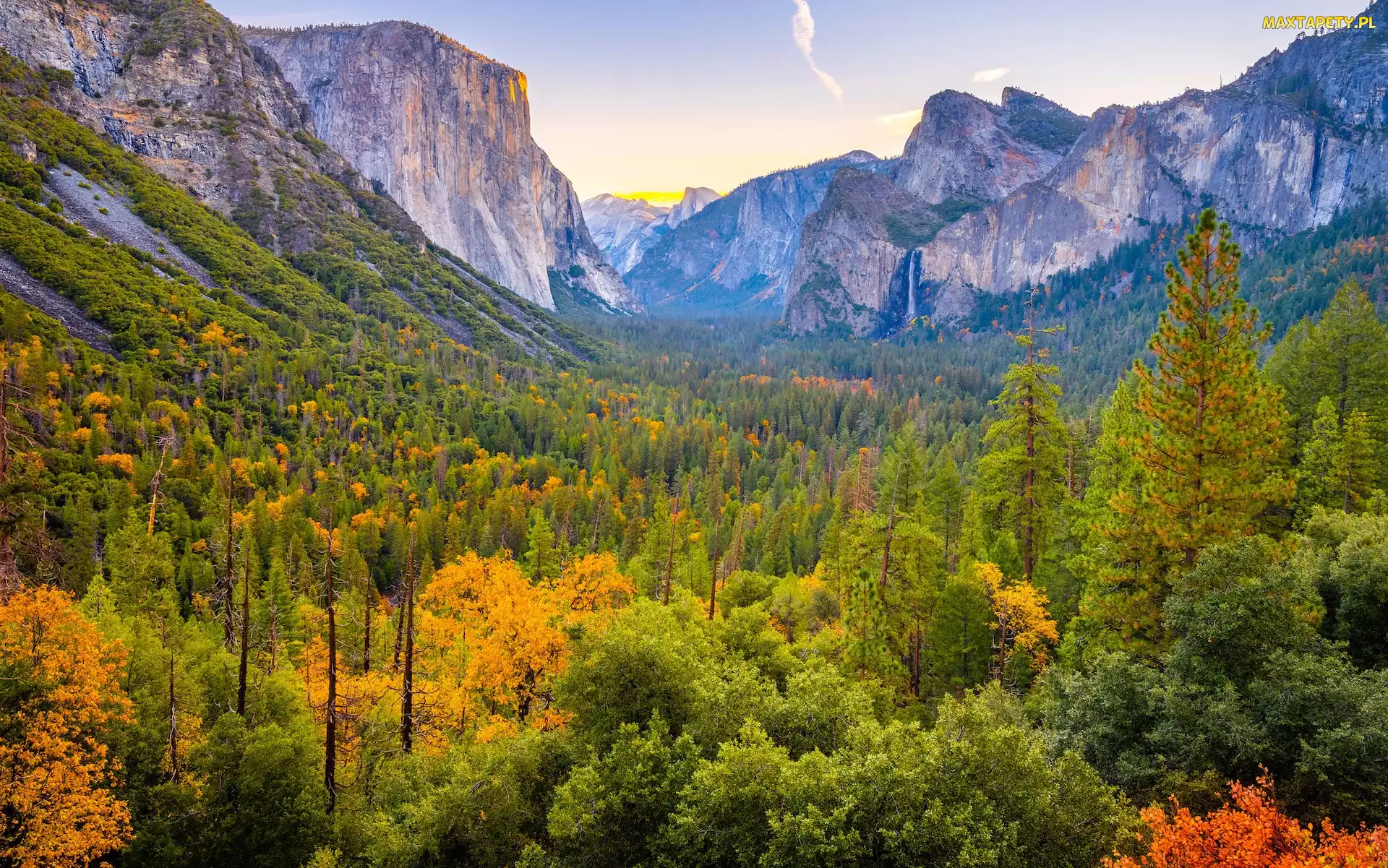 Stany Zjednoczone, Jesień, Góry, Drzewa, Skały, Yosemite Valley, Kalifornia, Park Narodowy Yosemite, Dolina