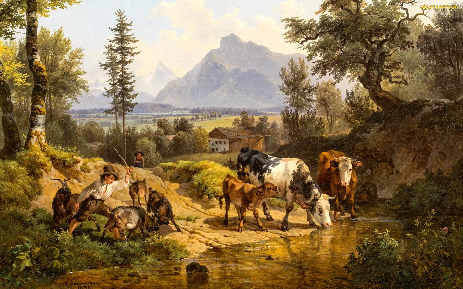 Wieś, Kozy, Drzewa, Krowy, Rzeka, Friedrich Gauermann, Góry, Chłopiec, Reprodukcja obrazu, Dom