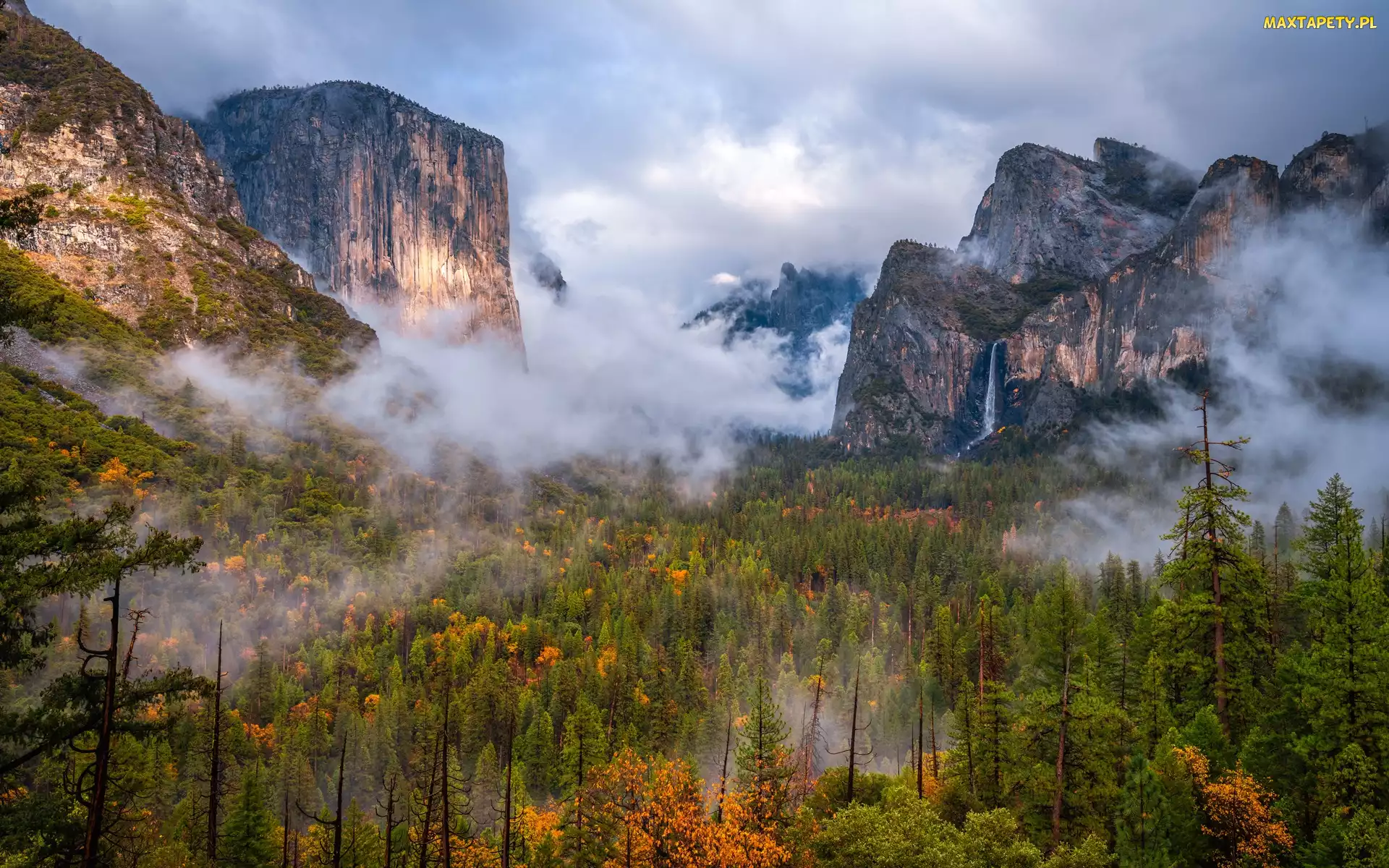 Skały, Jesień, Stany Zjednoczone, Yosemite Valley, Drzewa, Chmury, Kalifornia, Mgła, Góry, Park Narodowy Yosemite, Dolina