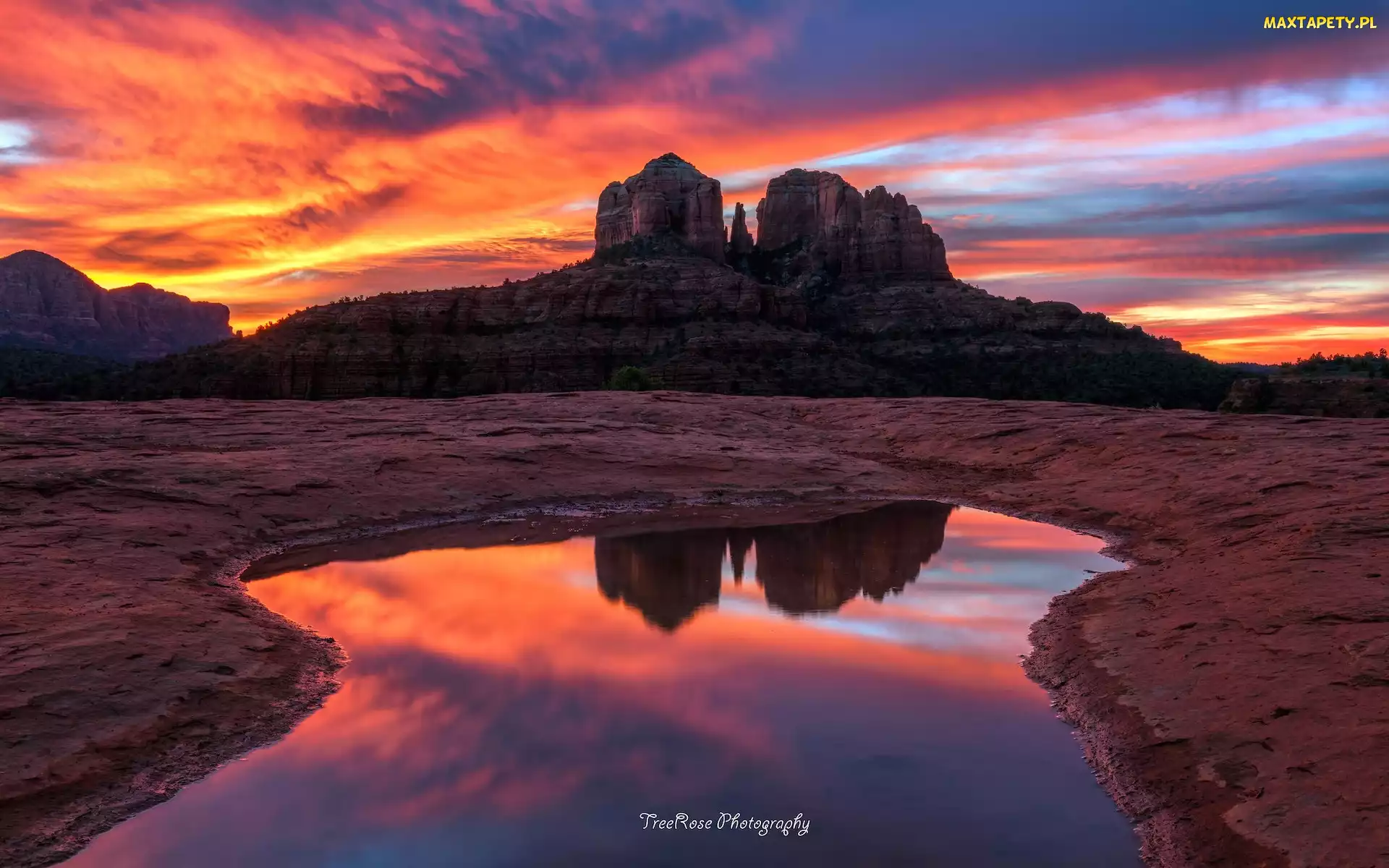 Kałuża, Skały, Arizona, Stany Zjednoczone, Sedona, Wschód słońca