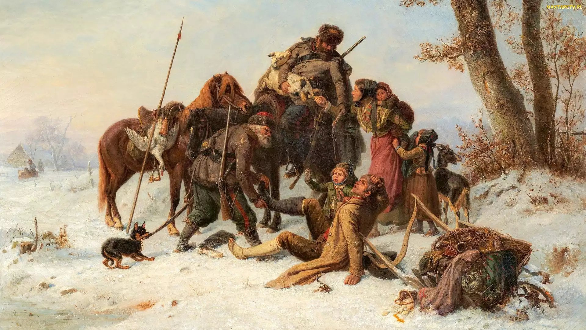 Obraz, Zwierzęta, Malarstwo, Ludzie, Zima, William Hahn, Śnieg, Konie