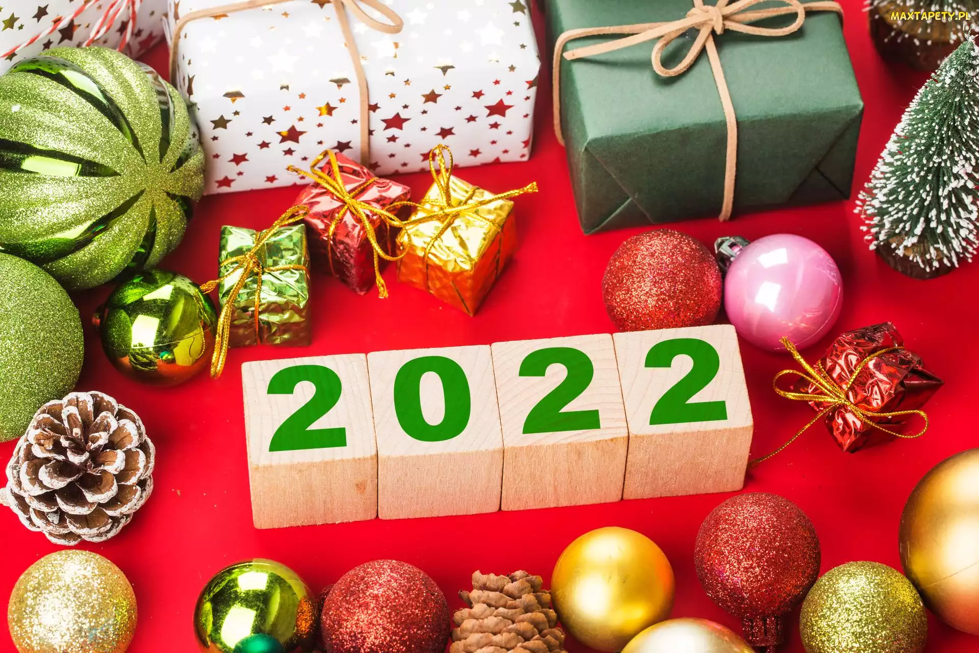 Rok, Prezenty, Nowy, 2022, Czerwone, Napis, Tło, Bombki