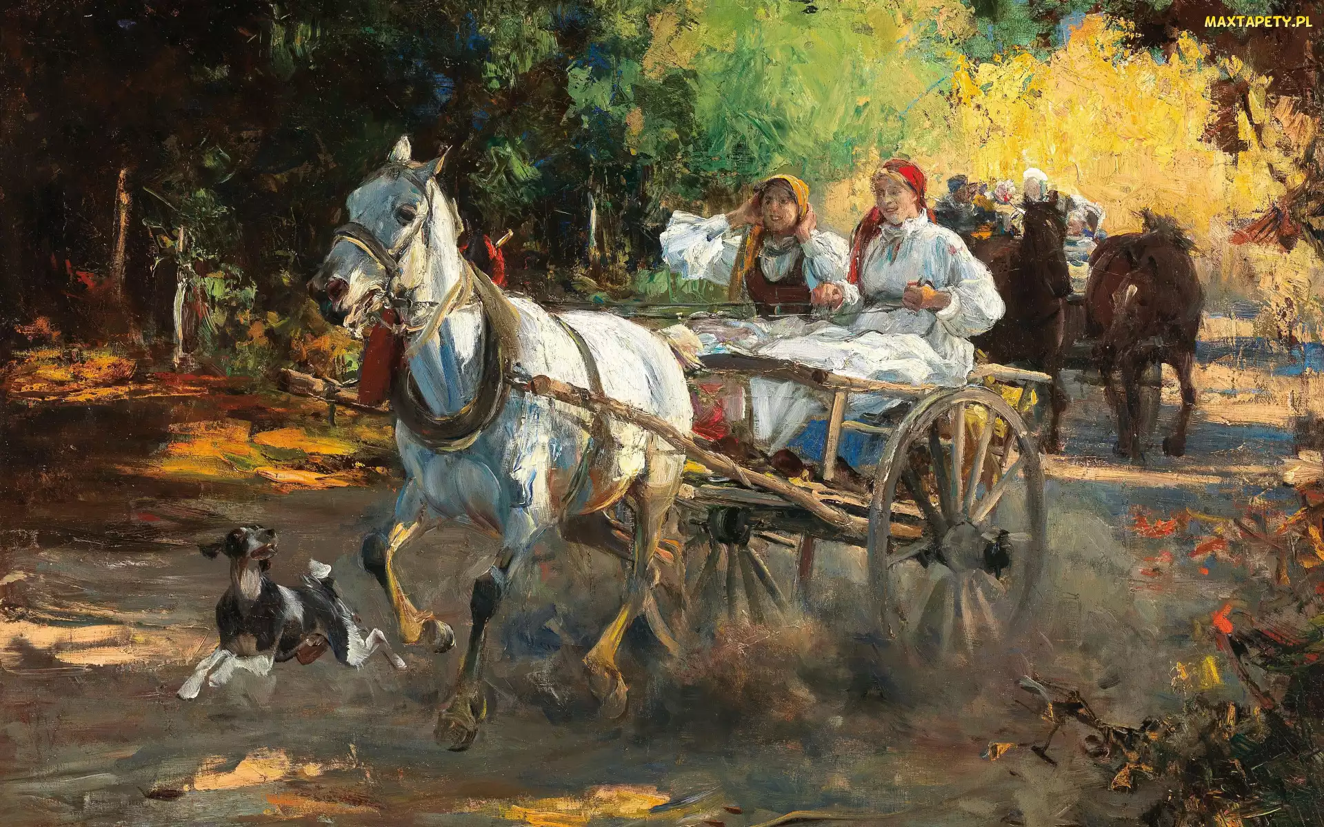 Kobiety, Koń, Obraz, Pies, Zaprzęg, Malarstwo, Alfred Wierusz Kowalski