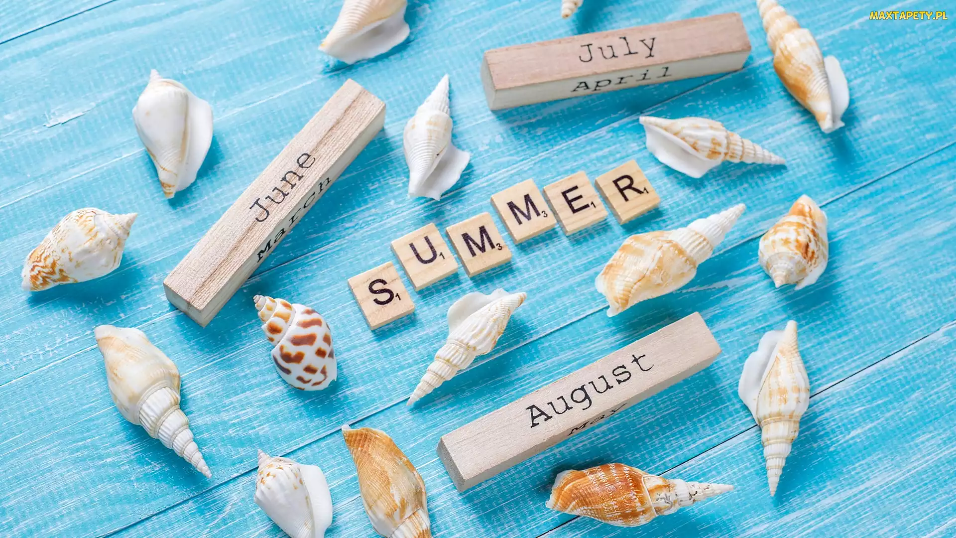 Muszelki, Niebieskie, June, Tło, July, Summer, Klocki, Napis, August