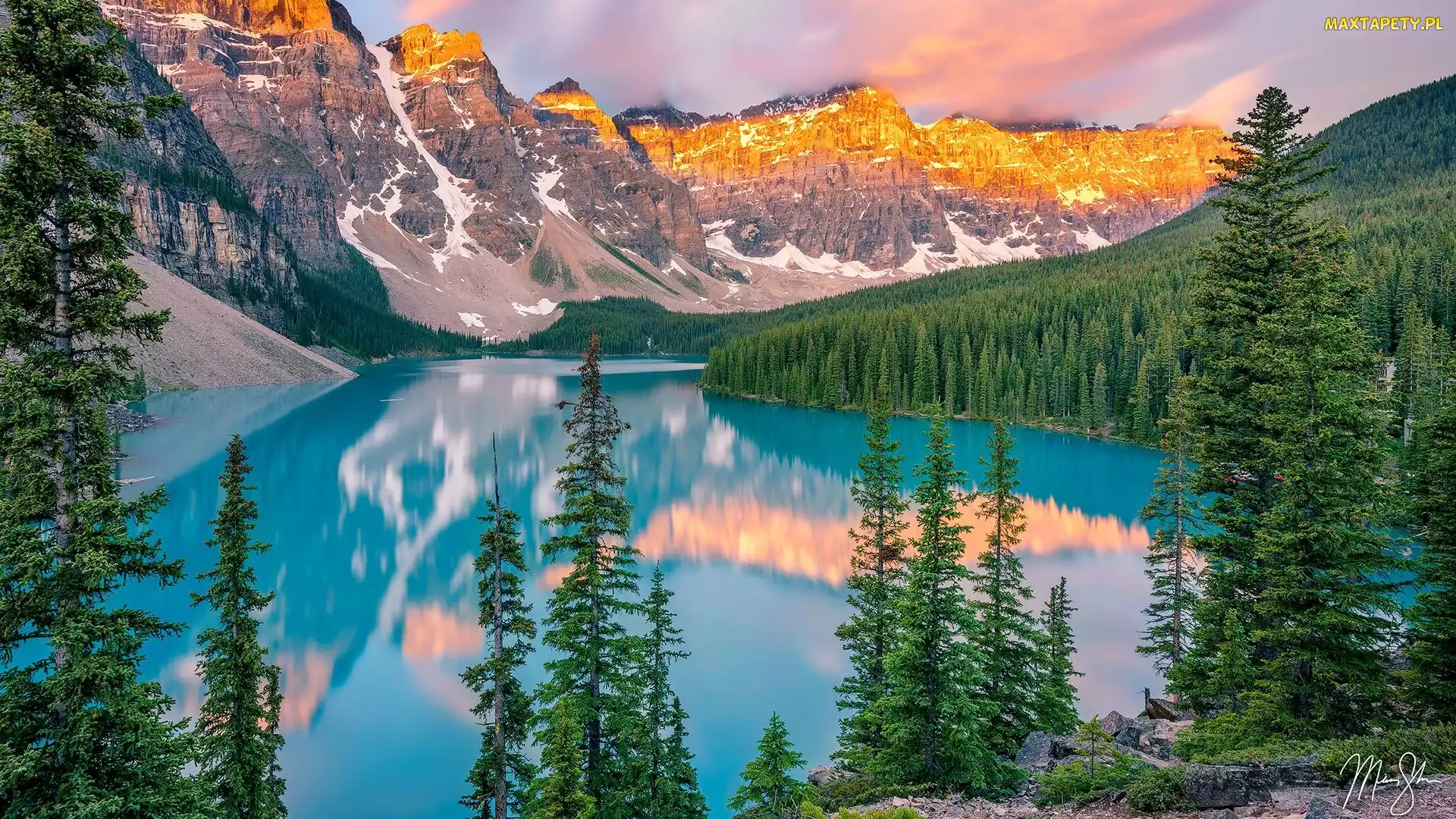 Prowincja Alberta, Szczyty, Kanada, Rozświetlone, Jezioro Moraine, Park Narodowy Banff, Drzewa, Góry