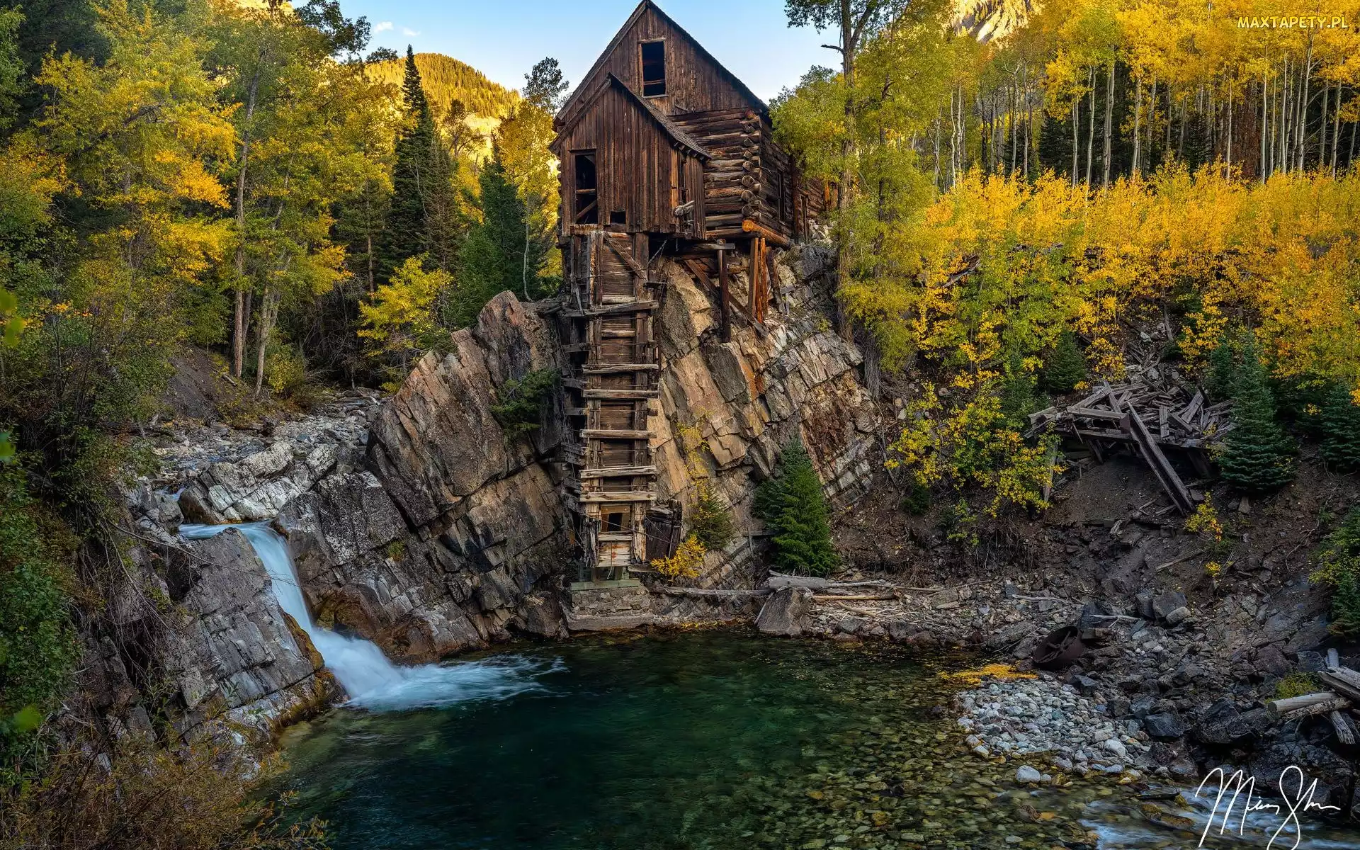 Drzewa, Góry, Stany Zjednoczone, Crystal Mill, Rzeka, Jesień, Stan Kolorado, Crystal River, Las, Drewniany, Młyn