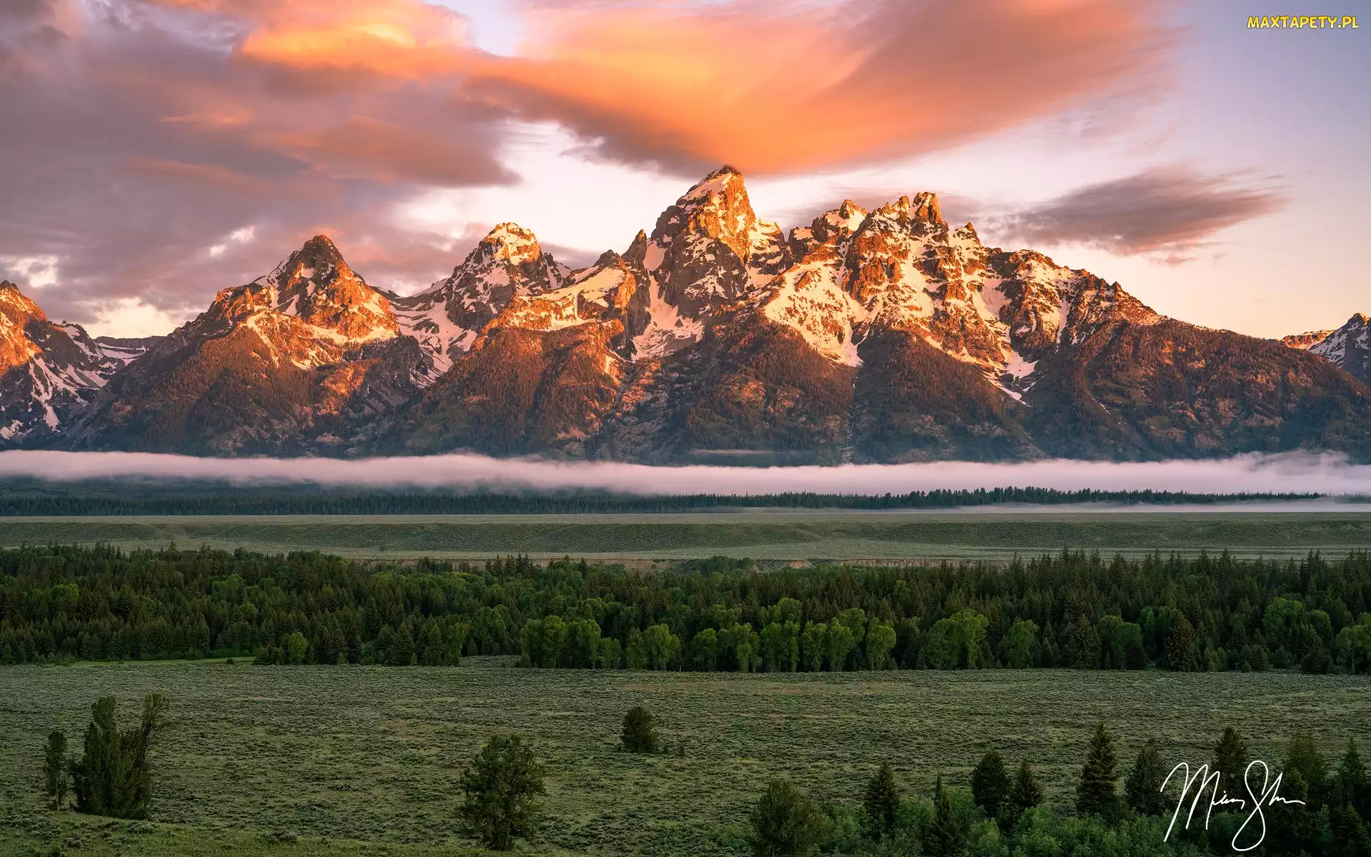 Stan Wyoming, Chmury, Góry Teton Range, Stany Zjednoczone, Mgła, Park Narodowy Grand Teton, Drzewa