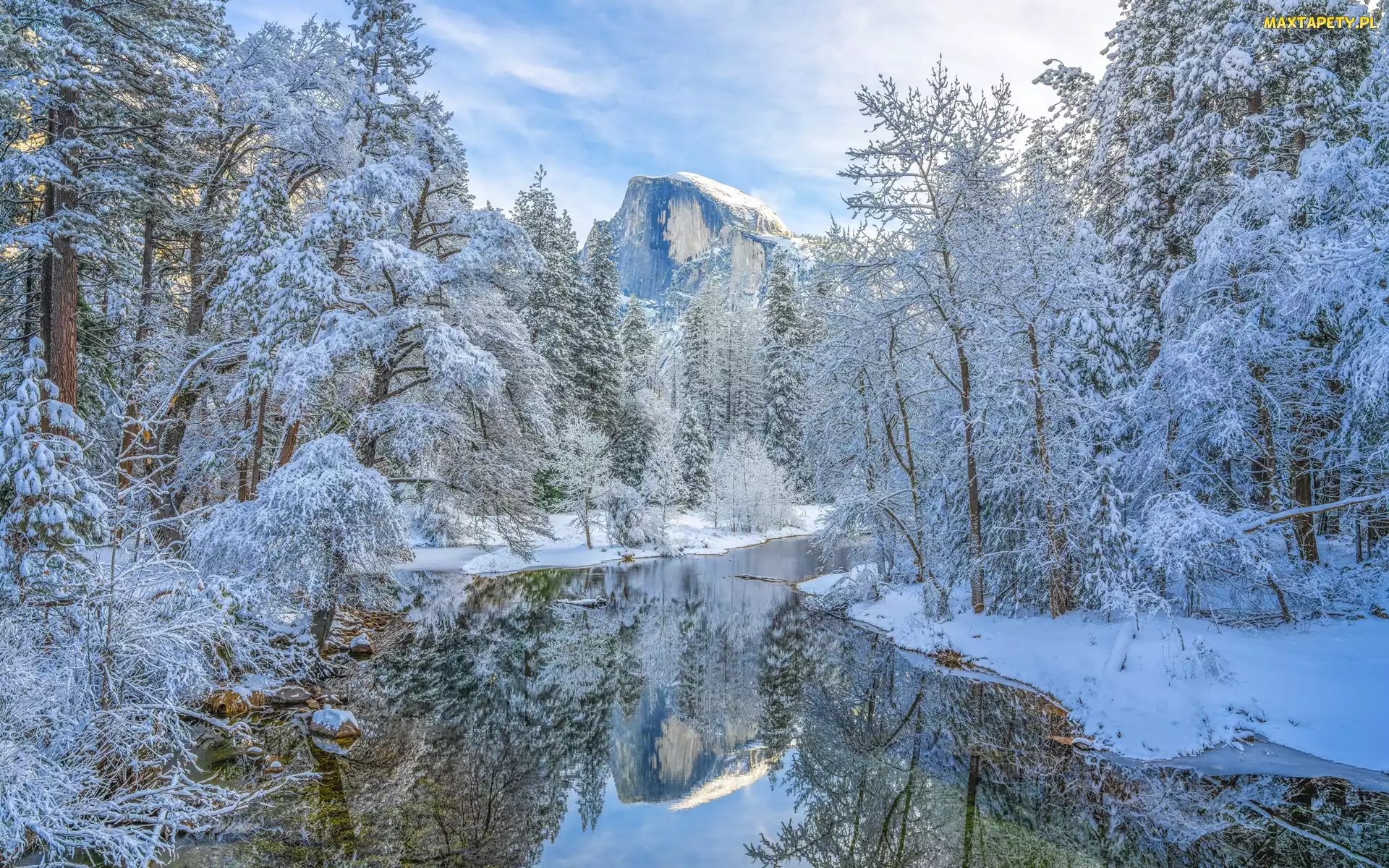 Park Narodowy Yosemite, Kalifornia, Drzewa, Stany Zjednoczone, Zima, Góra Half Dome, Rzeka, Merced River, Góry