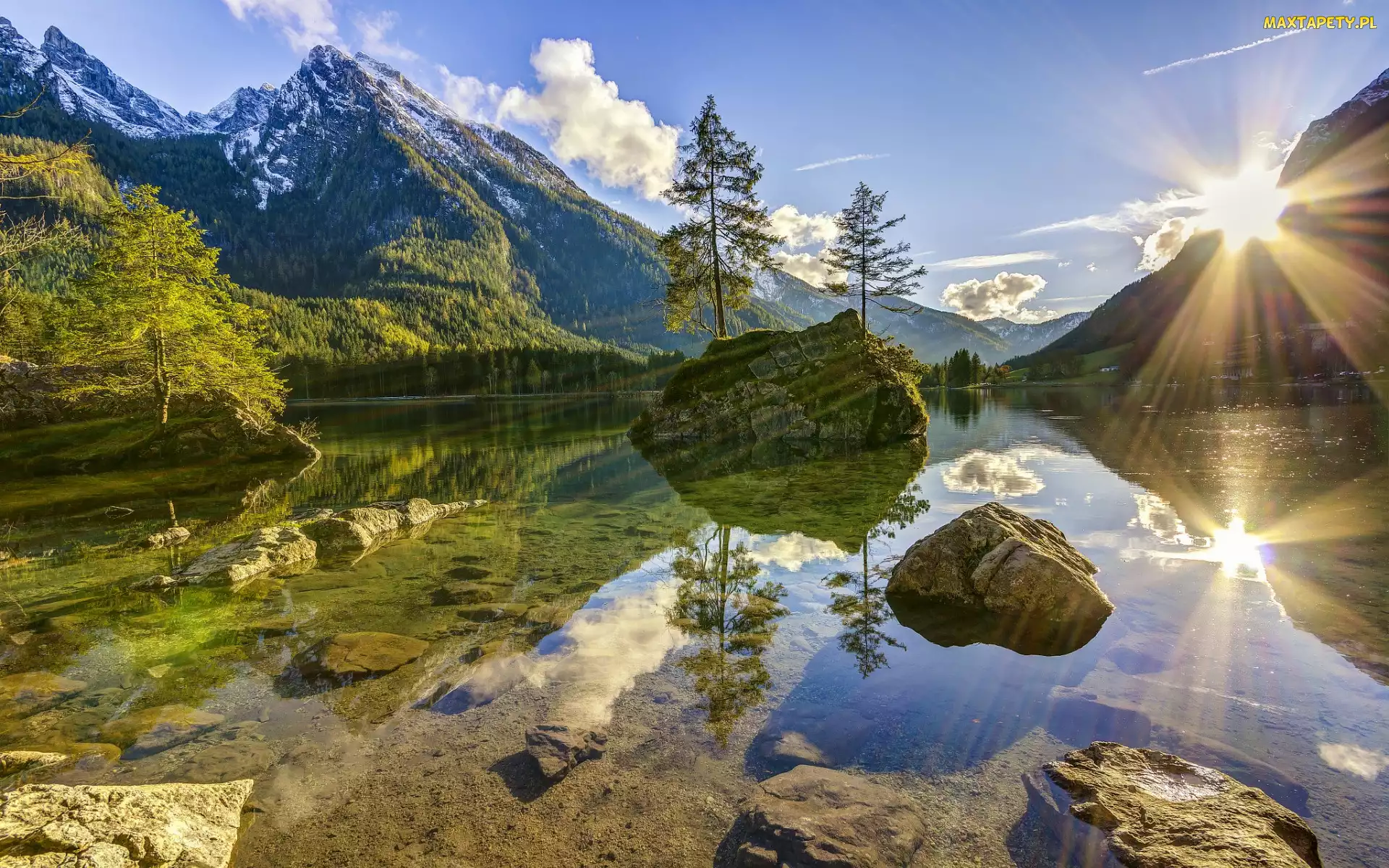 Wysepka, Kamienie, Niemcy, Jezioro, Lasy, Promienie słoneczne, Bawaria, Drzewa, Hintersee Lake, Góry, Alpy Bawarskie