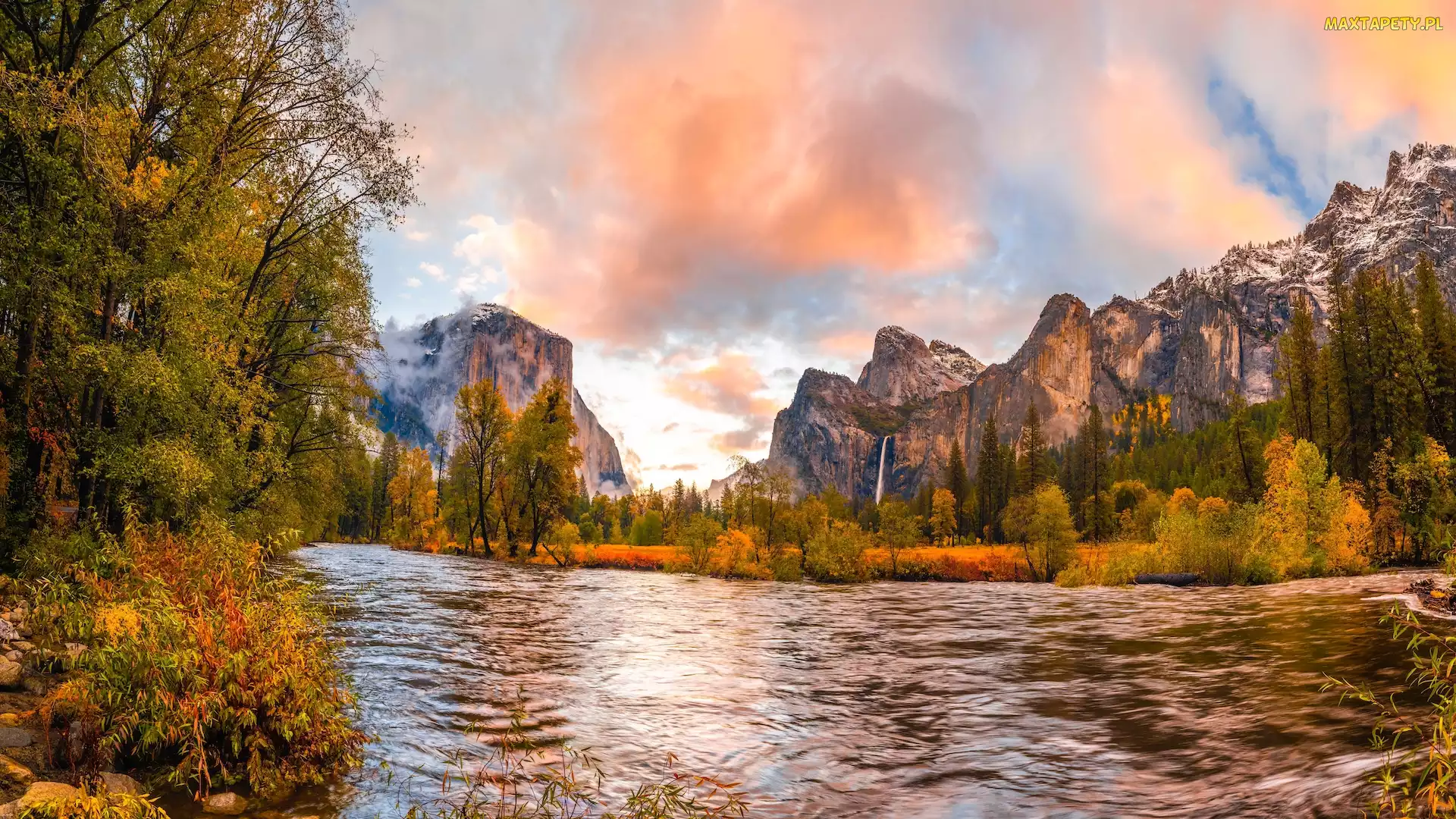 Kalifornia, Rzeka, Stany Zjednoczone, Góry, Drzewa, Park Narodowy Yosemite, Skały, Jesień