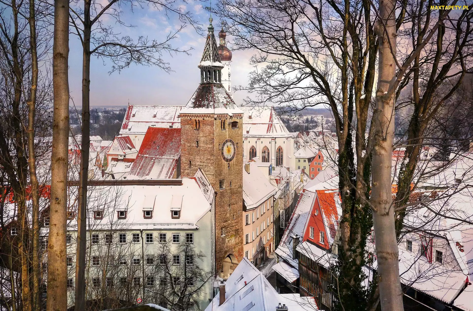 Miasto, Dachy, Zima, Drzewa, Kościół, Landsberg am Lech, Niemcy, Domy
