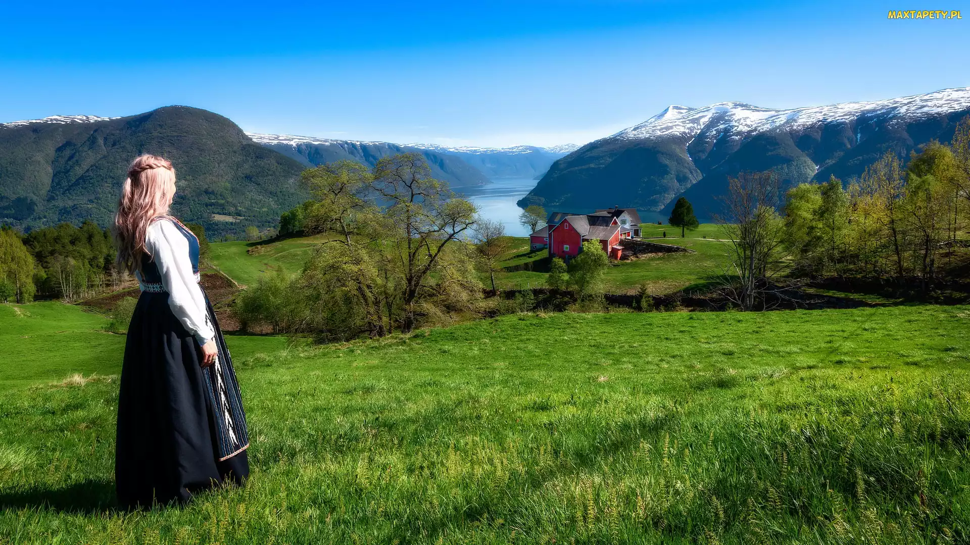 Norwegia, Strój, Regionalny, Sogn og Fjordane, Wzgórza, Domy, Drzewa, Łąka, Góry, Dziewczyna