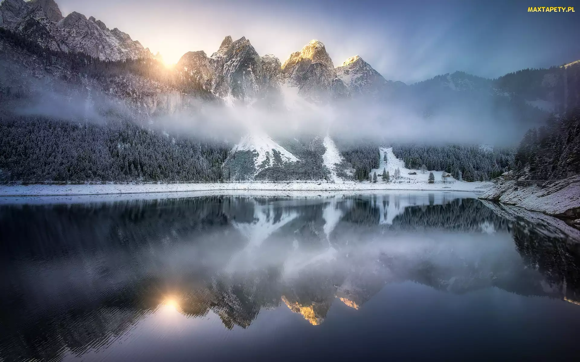 Zima, Jezioro Gosau, Góry Dachstein, Śnieg, Odbicie, Mgła, Austria, Vorderer Gosausee