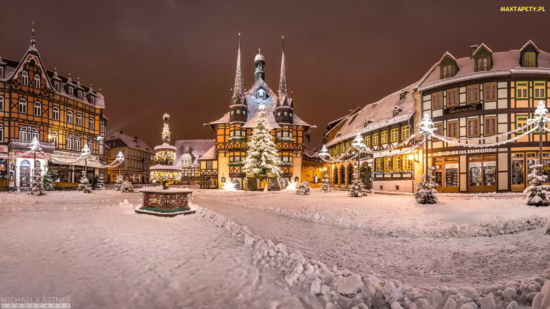 Domy, Noc, Zima, Rynek, Wernigerode, Niemcy, Boże Narodzenie, Saksonia-Anhalt, Ratusz, Choinka, Oświetlony