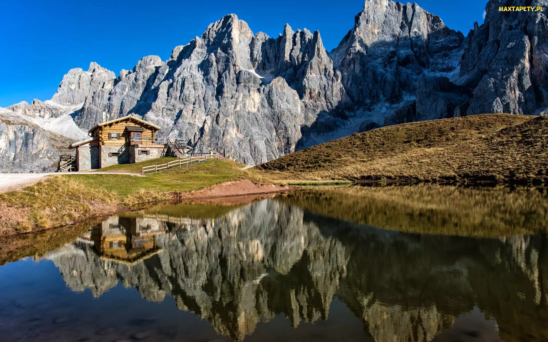 Południowy Tyrol, Skały, Włochy, Dolomity, Odbicie, Góry, Dom, Jezioro