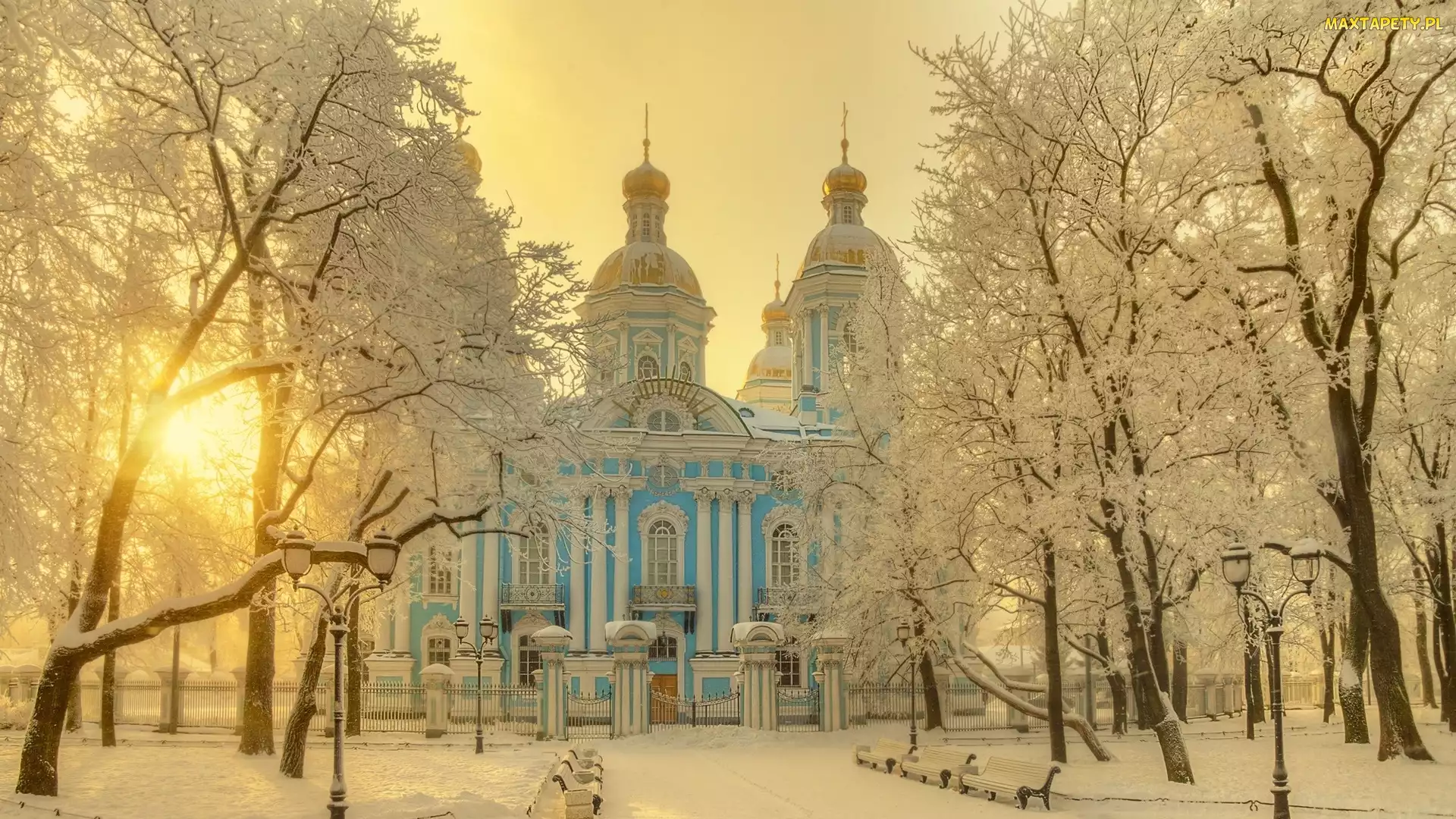 Petersburg, Katedra Marynarki Wojennej św Mikołaja, Drzewa, Rosja, Cerkiew, Zima, Park