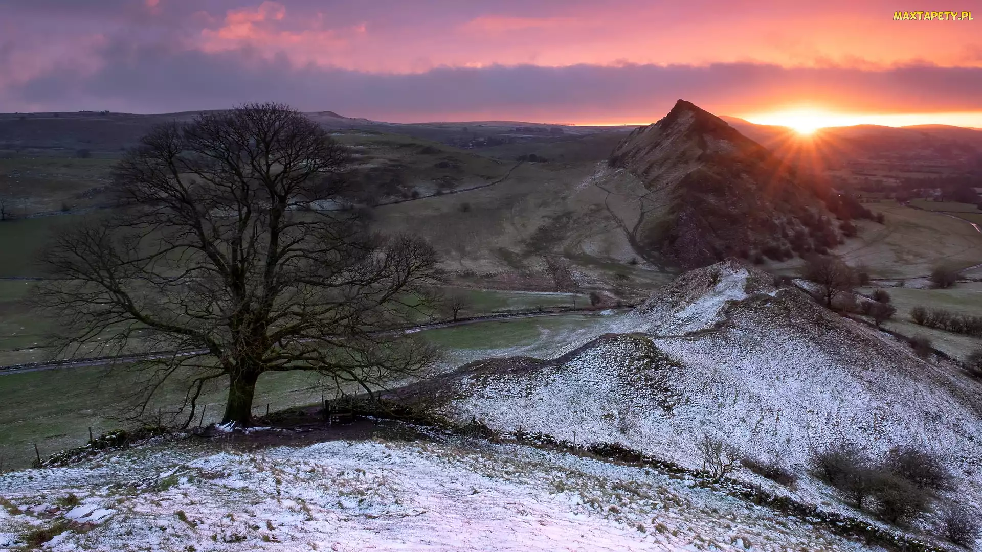 Wschód słońca, Parkhouse Hill, Drzewo, Anglia, Wzgórze, Park Narodowy Peak District, Ośnieżone