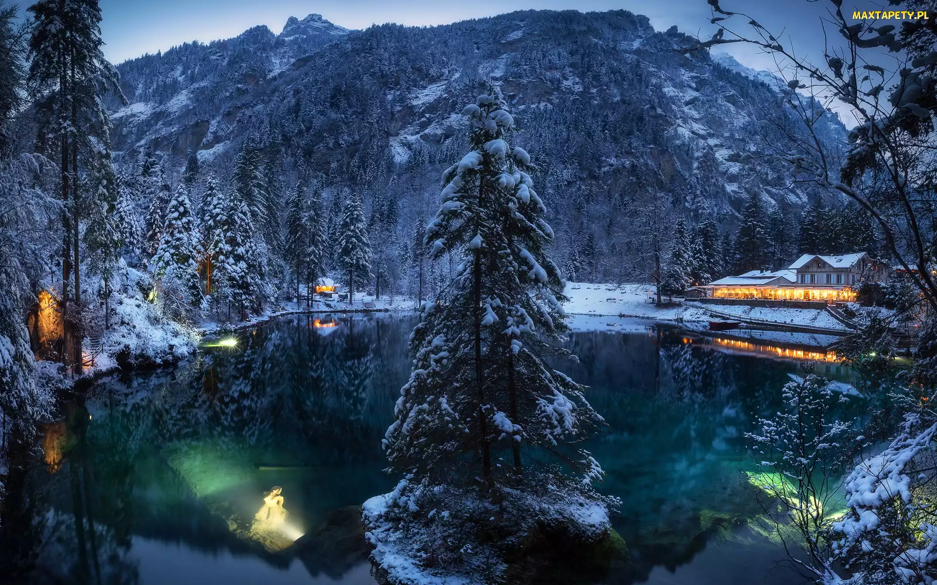 Góry, Domy, Zima, Drzewa, Jezioro Blausee, Las, Szwajcaria, Światła