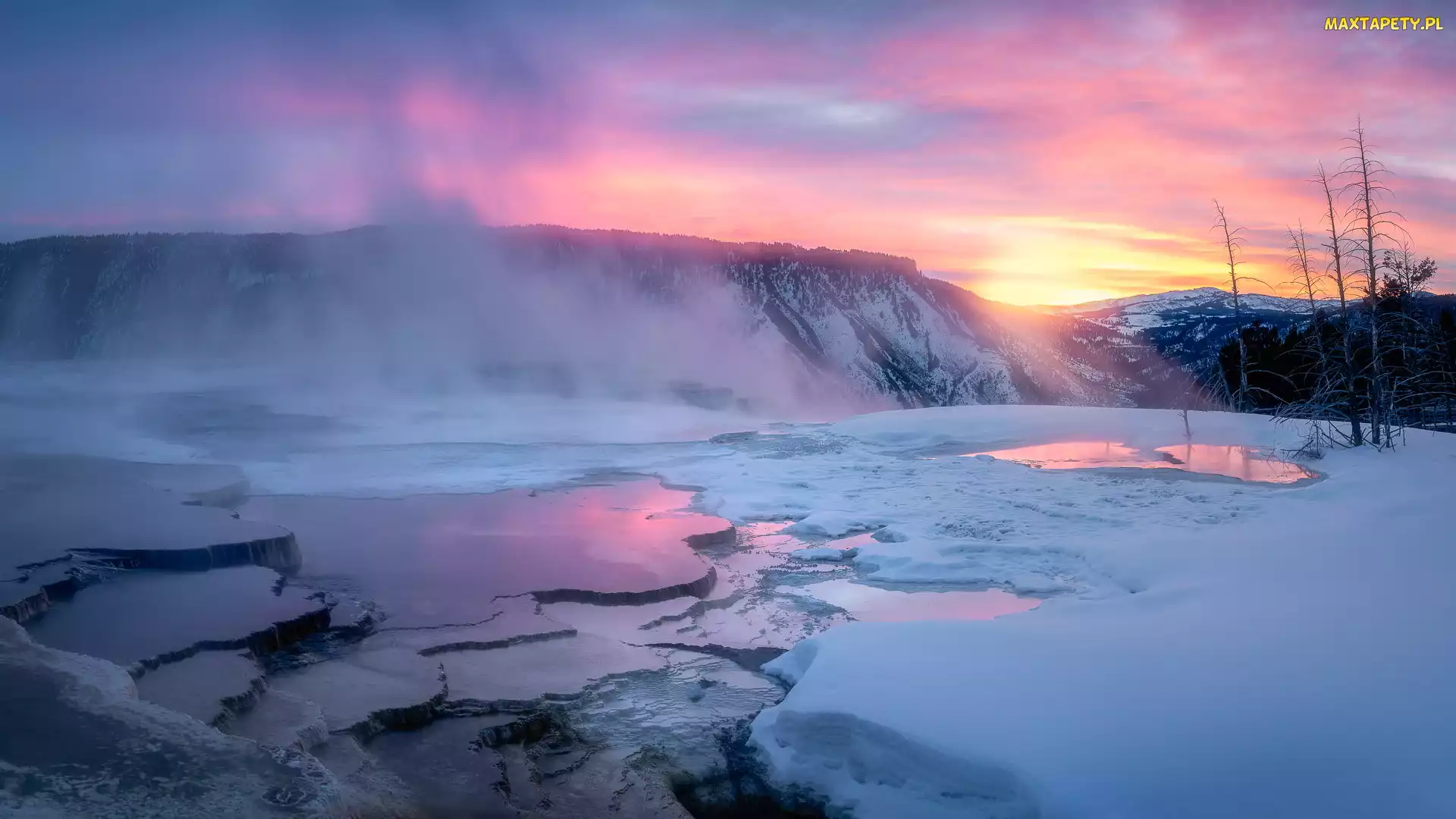Góry, Stany Zjednoczone, Wschód słońca, Zima, Park Narodowy Yellowstone