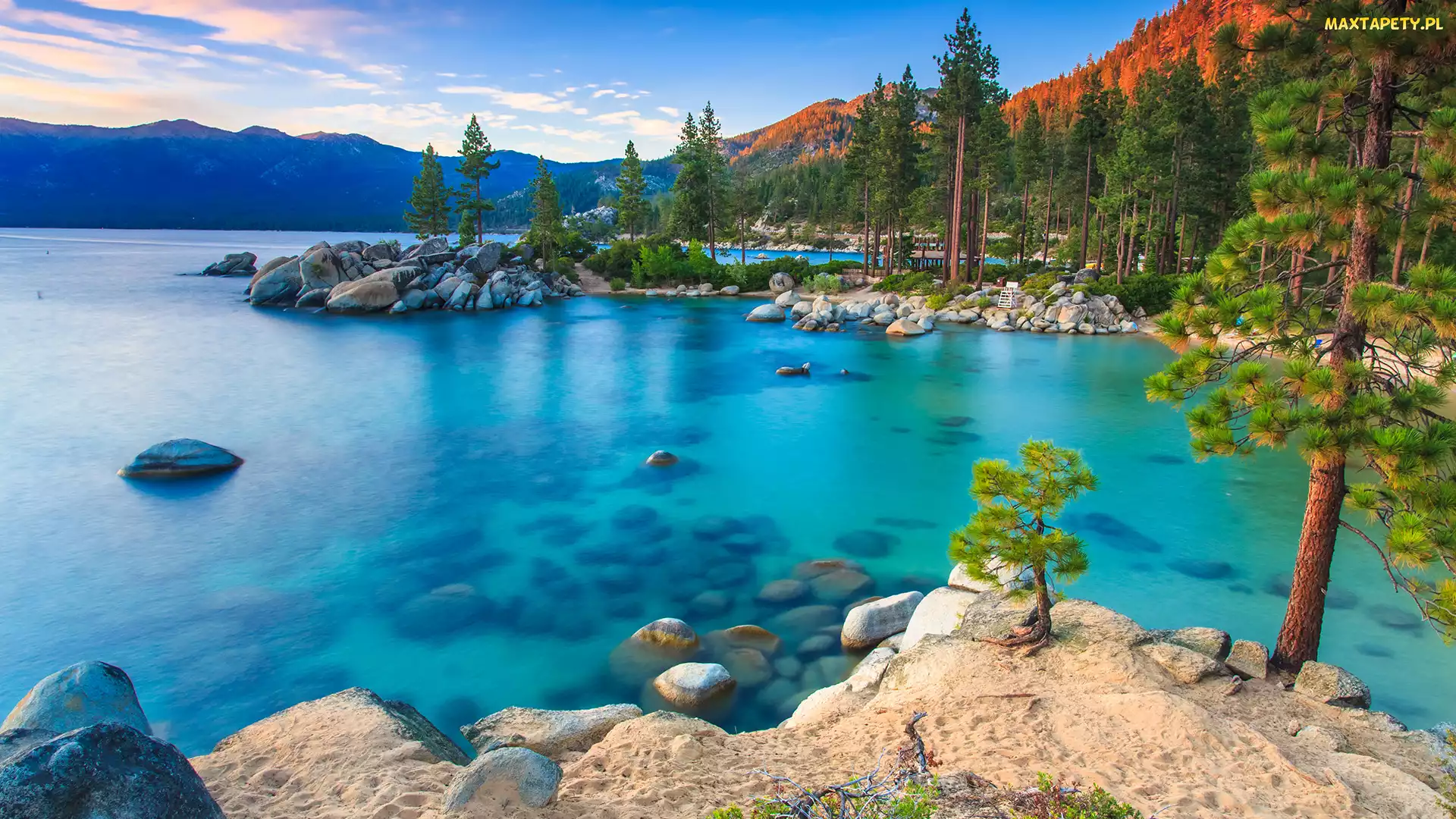 Jezioro, Nevada, Kamienie, Stany Zjednoczone, Sand Harbor Beach, Góry, Tahoe Lake, Drzewa, Sosny