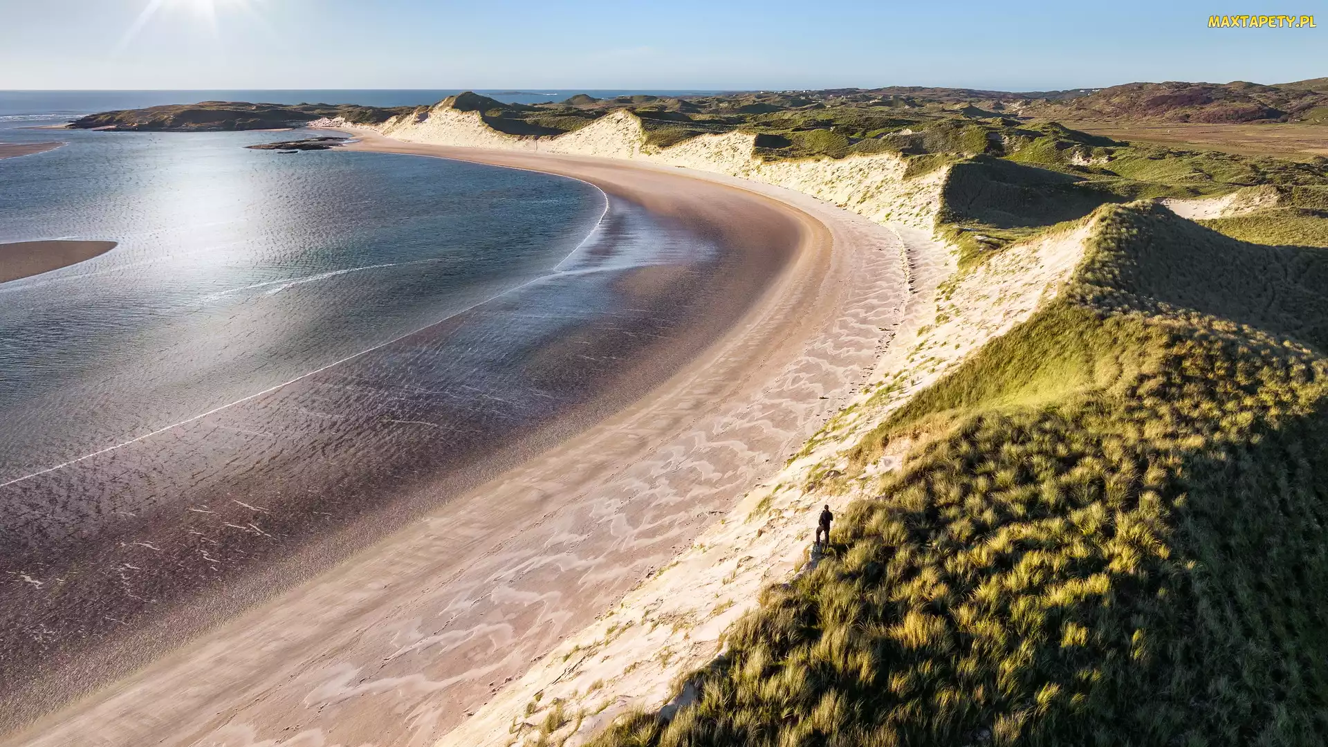Irlandia, Ardara, Trawa, Hrabstwo Donegal, Zatoka, Plaża, Sheskinmore Bay, Wydmy, Morze, Wzgórza