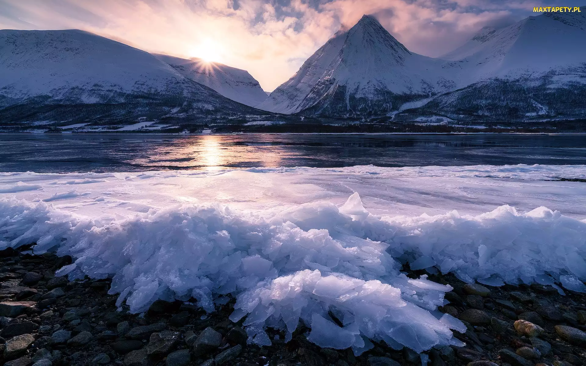 Lód, Zima, Morze, Promienie słońca, Fiord, Norwegia, Góry