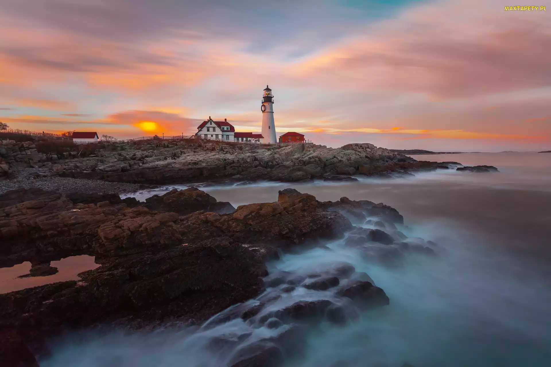 Portland Head Light, Zatoka Casco, Latarnia morska, Skały, Stan Maine, Morze, Stany Zjednoczone, Cape Elizabeth