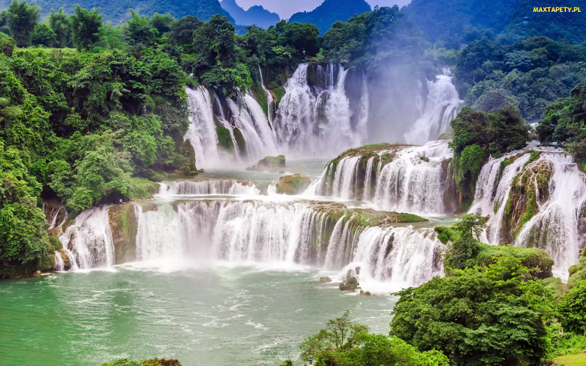 Cao Bang, Rzeka, Ban Gioc Waterfall, Wietnam, Jezioro, Wodospad, Drzewa