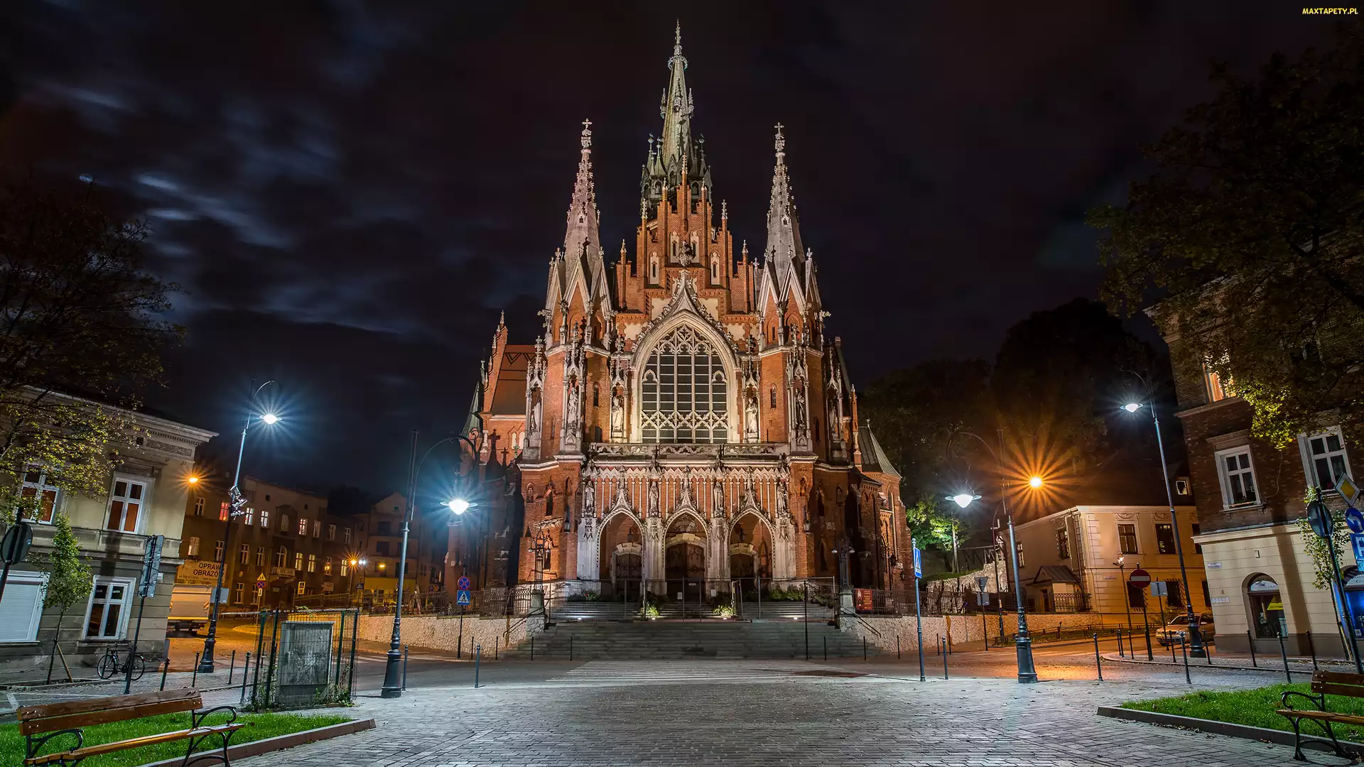 Latarnie, Ulica, Kraków, Noc, Domy, Polska, Kościół św Józefa