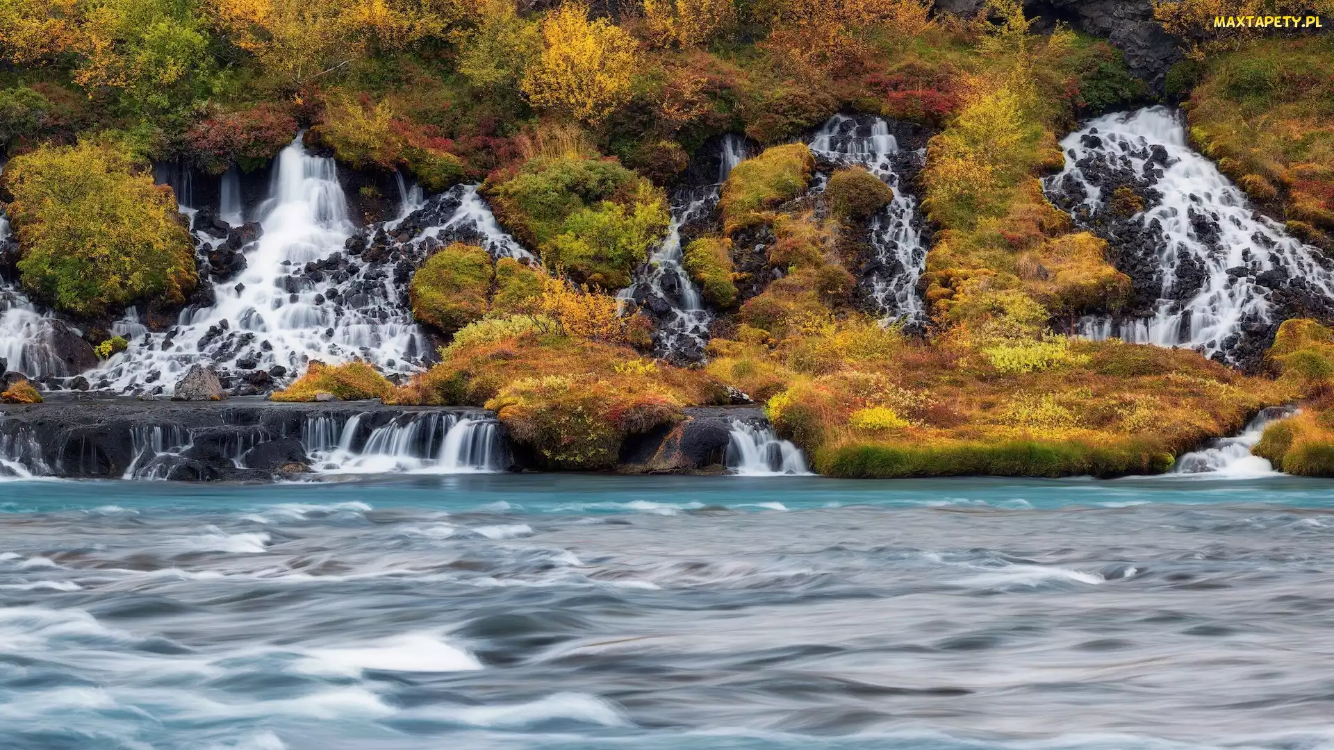Wodospad, Roślinność, Jesień, Hraunfossar, Islandia