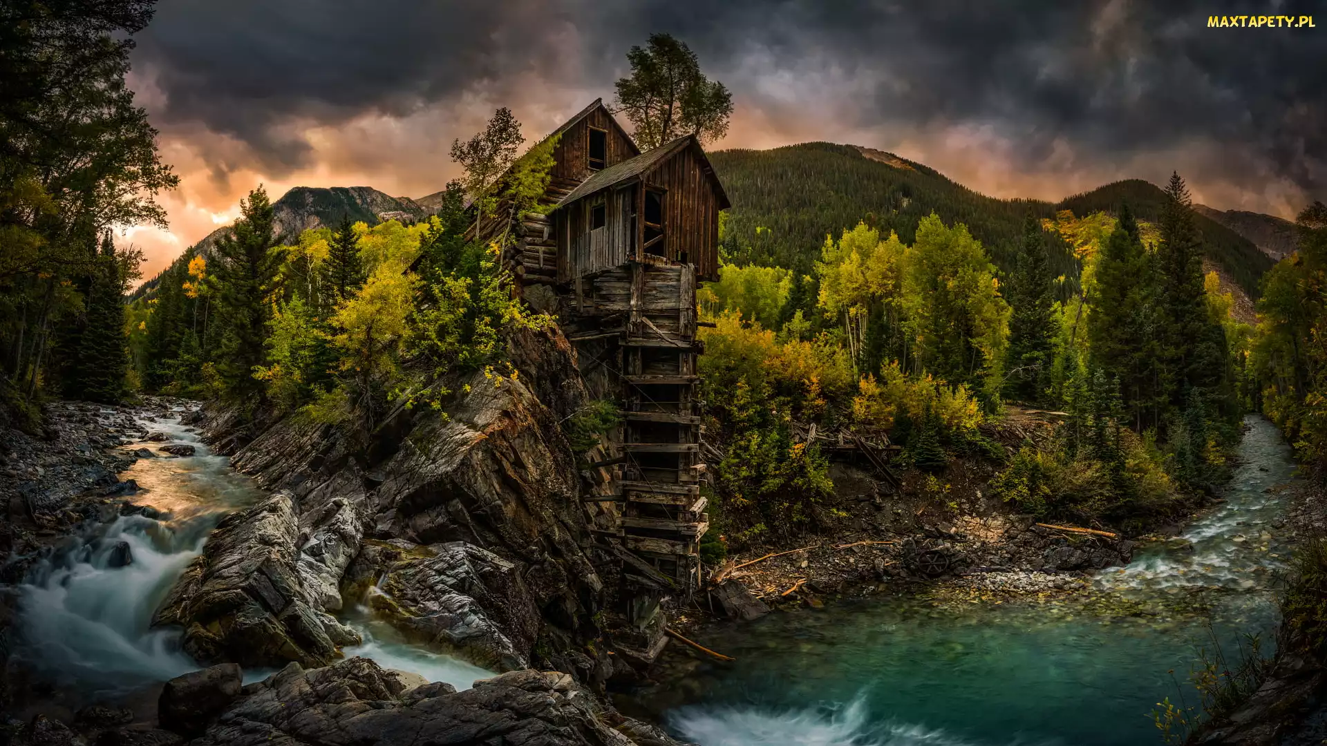Stany Zjednoczone, Chmury, Ciemne, Kolorado, Rzeka, Crystal Mill, Crystal River, Skały, Młyn, Drzewa