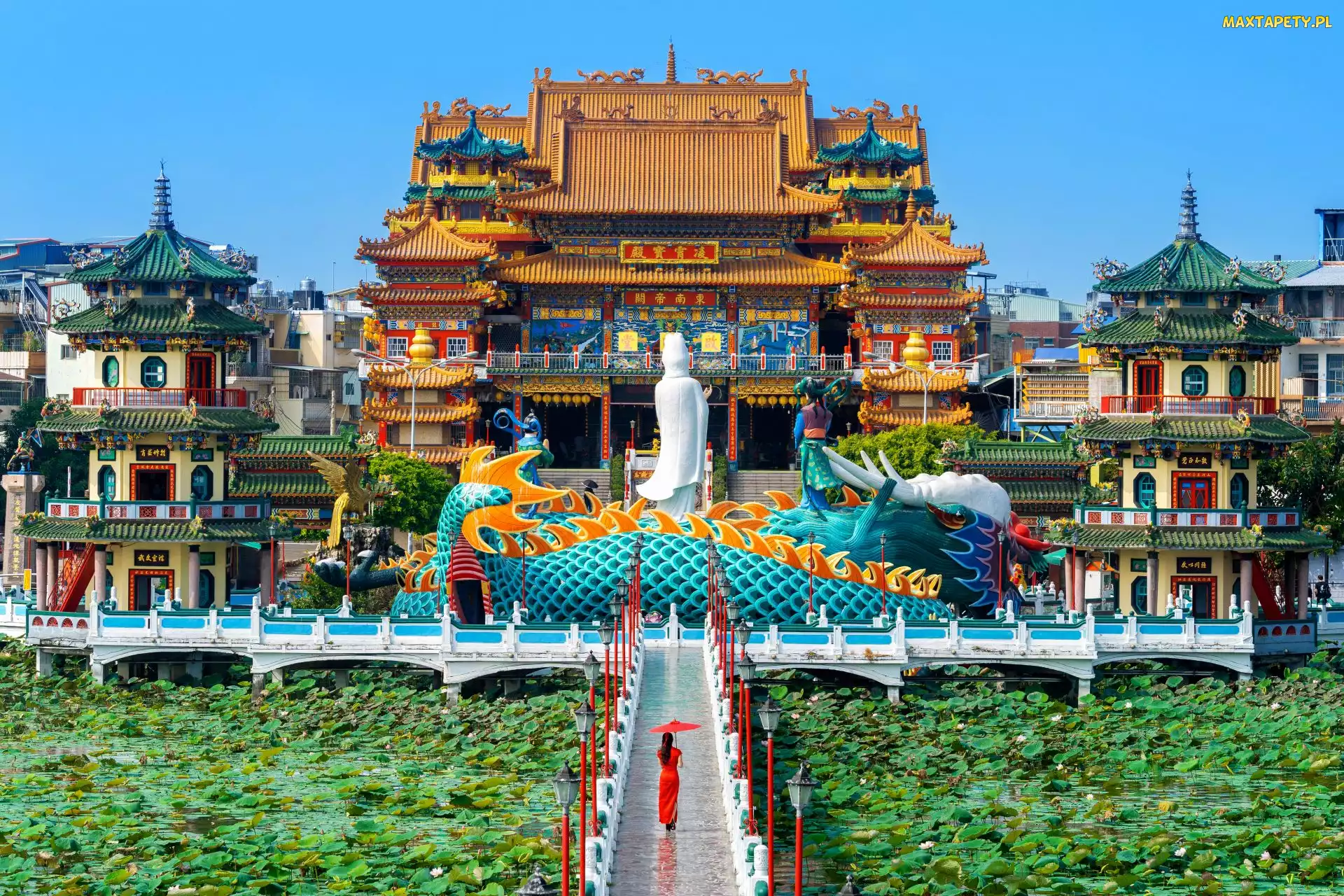 Jezioro, Świątynie, Miasto, Most, Kompleks, Tajlandia, Kaohsiung