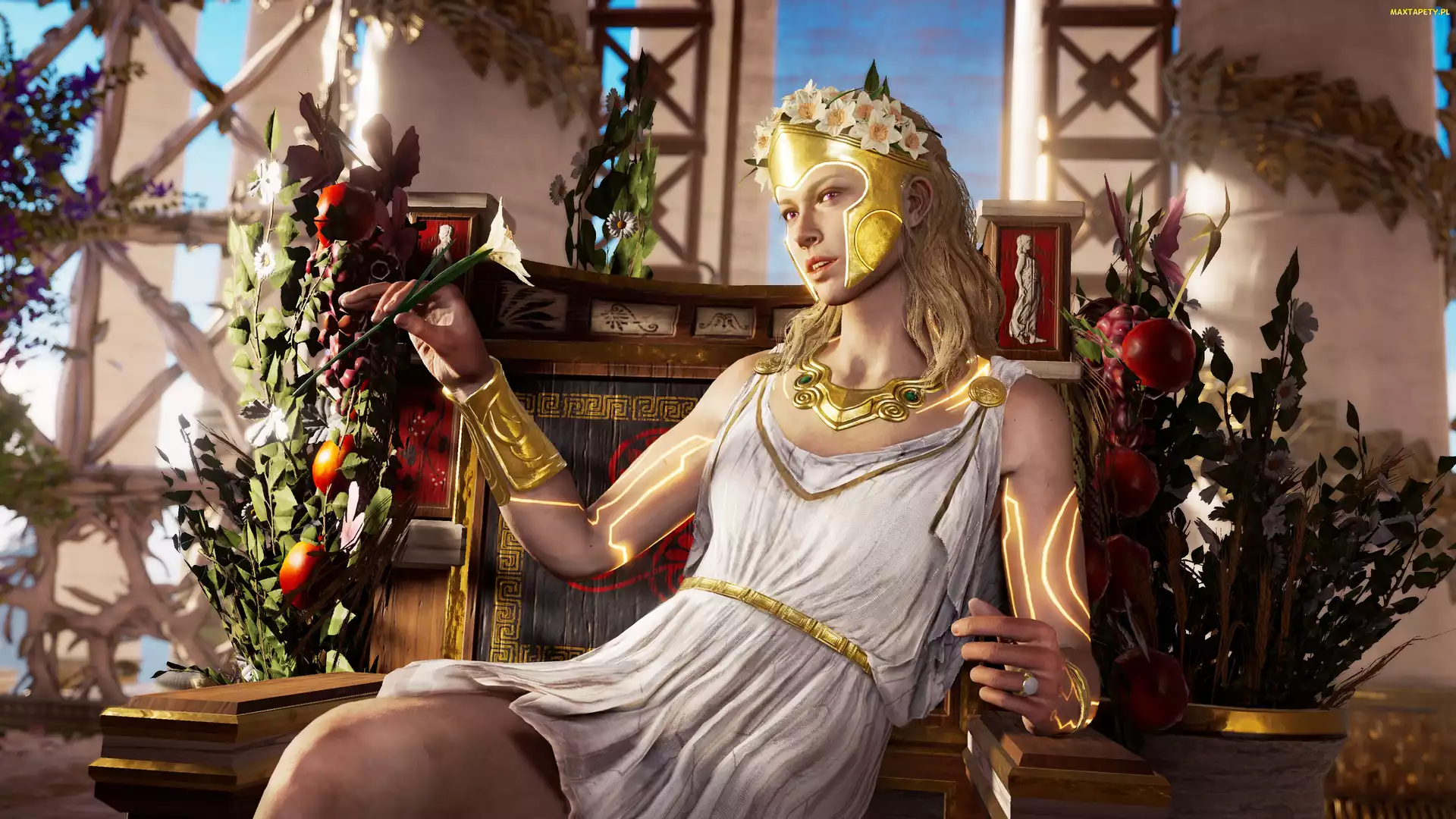Blondynka, Assassins Creed Odyssey, Gra, Kwiaty, Kobieta